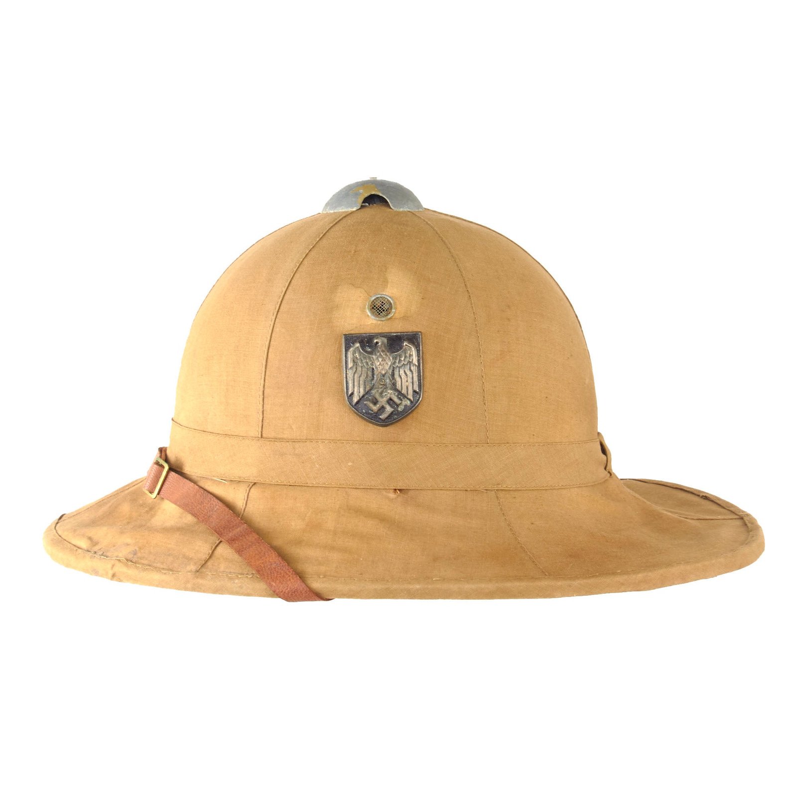 Original Italian WWII Wehrmacht-Used North African Campaign M1928 Tropical Sun Pith Helmet with German Eagle & Tri-Color Shield Badges - Wehrmacht Property Stamp - Size 56