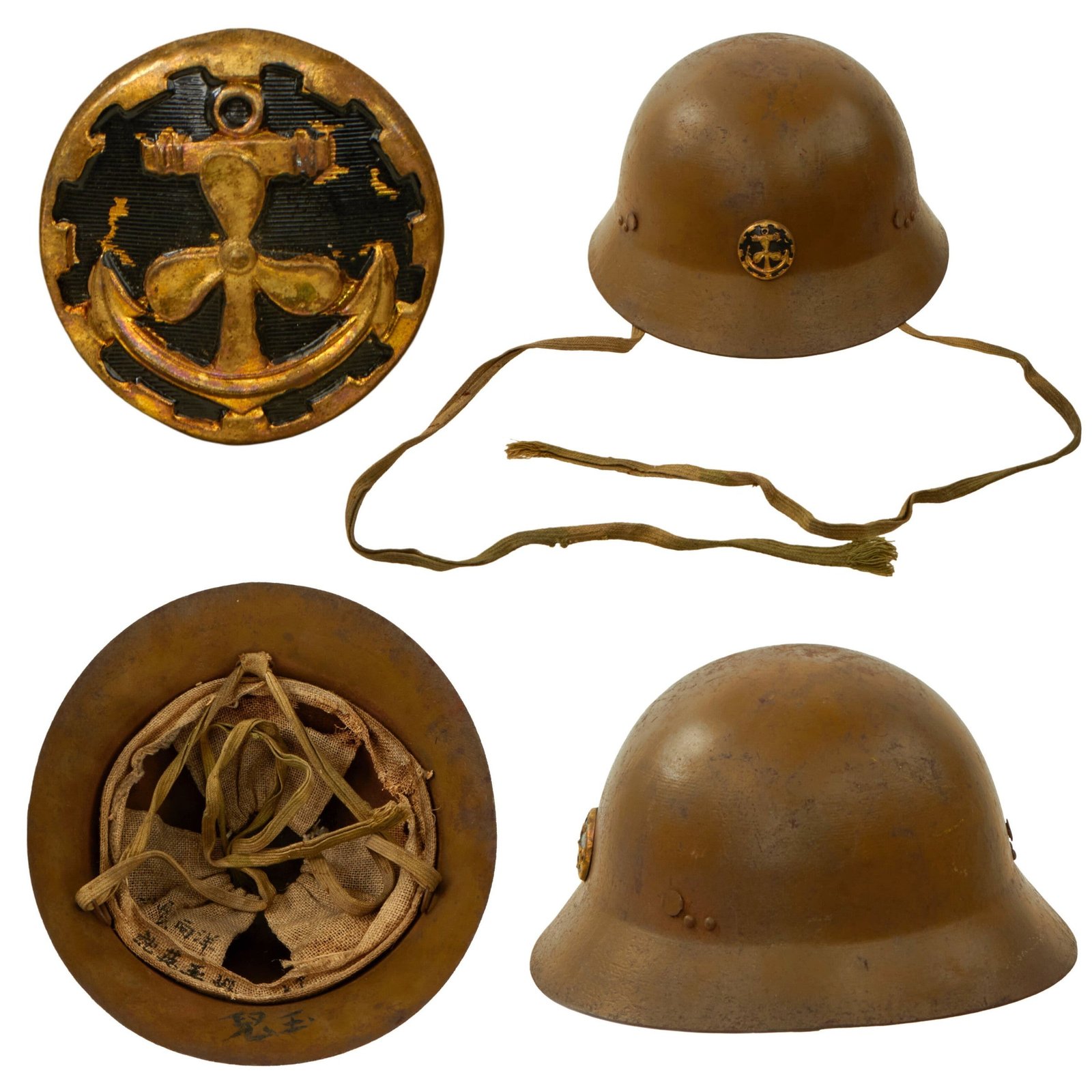 Original Imperial Japanese Army WWII Type 90 Civil Defense Helmet With Naval Shipbuilding Worker Badge - Complete