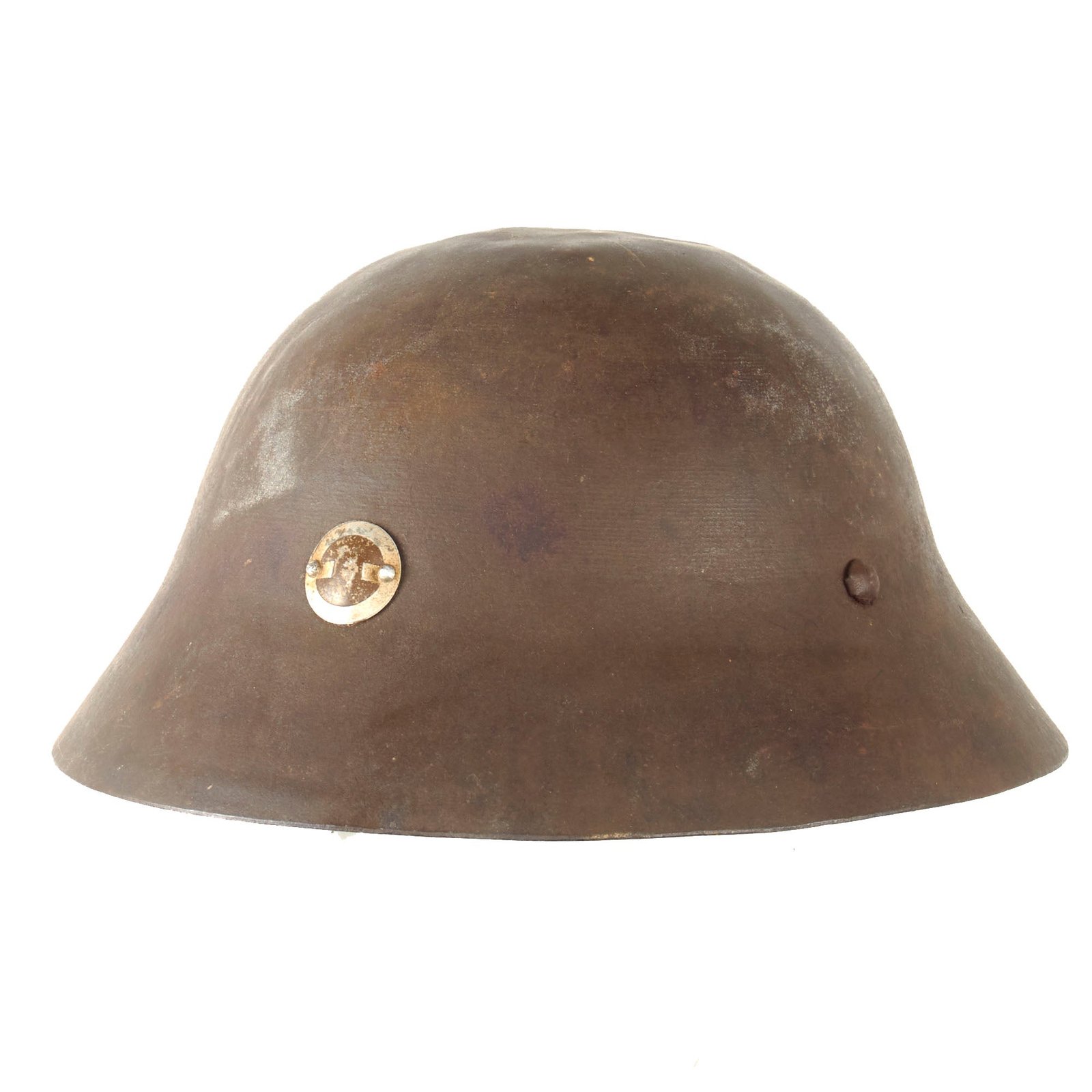 Original Imperial Japanese Army WWII Type 90 Civil Defense Helmet with Badge & Kanji on Rear - Partial Liner & Chinstrap