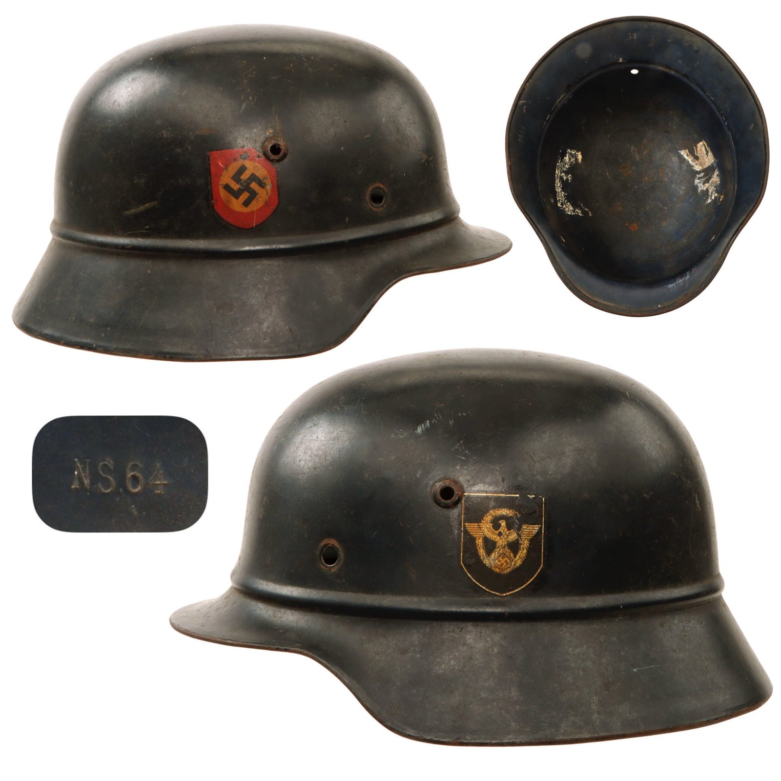 Original German WWII Beaded M40 NSDAP Double Decal Civic Police Steel Helmet Shell - Stamped NS64