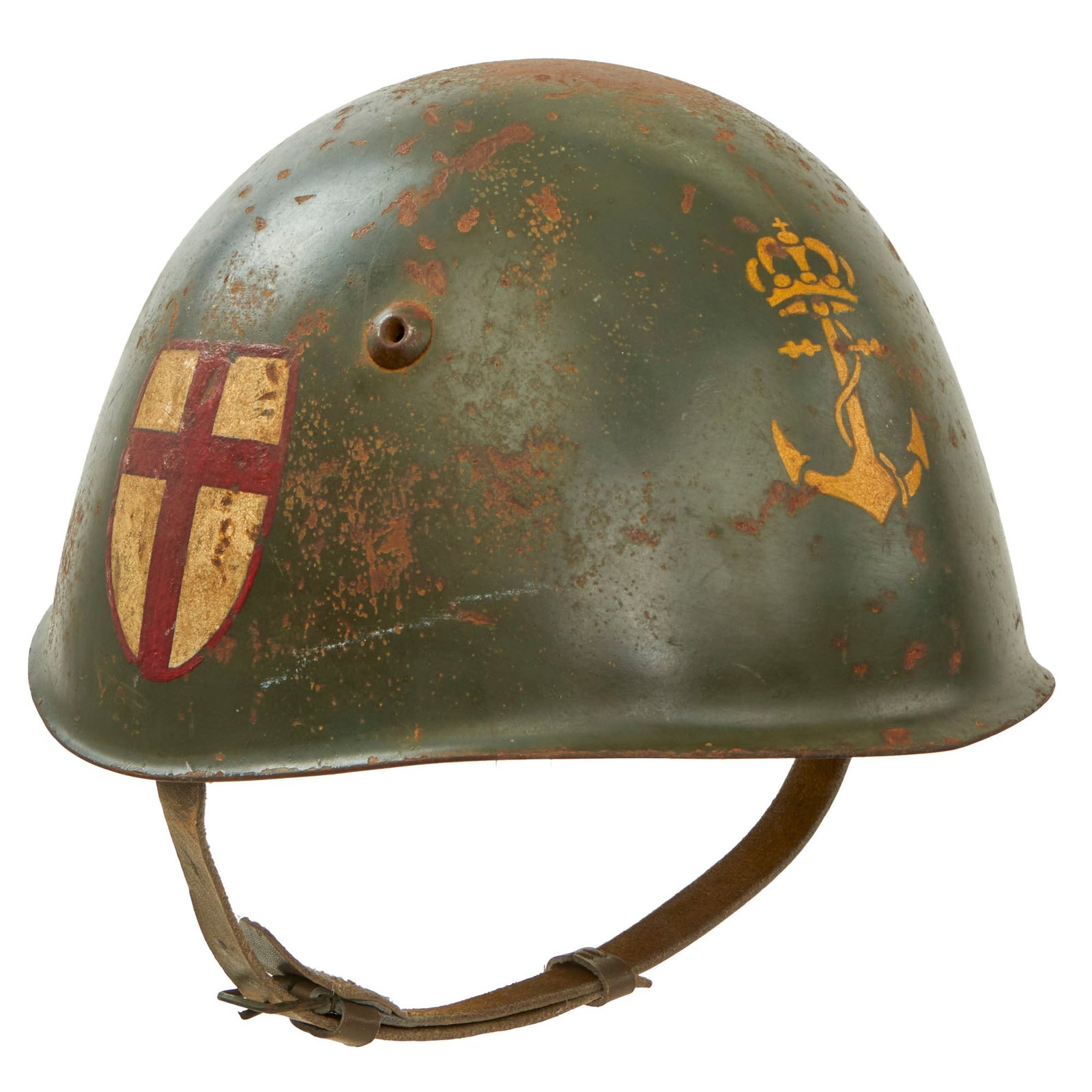 Original WWII Italian Regia Marina Navy M33 Helmet with Painted City of Genoa Coat of Arms - Liner & Chinstrap