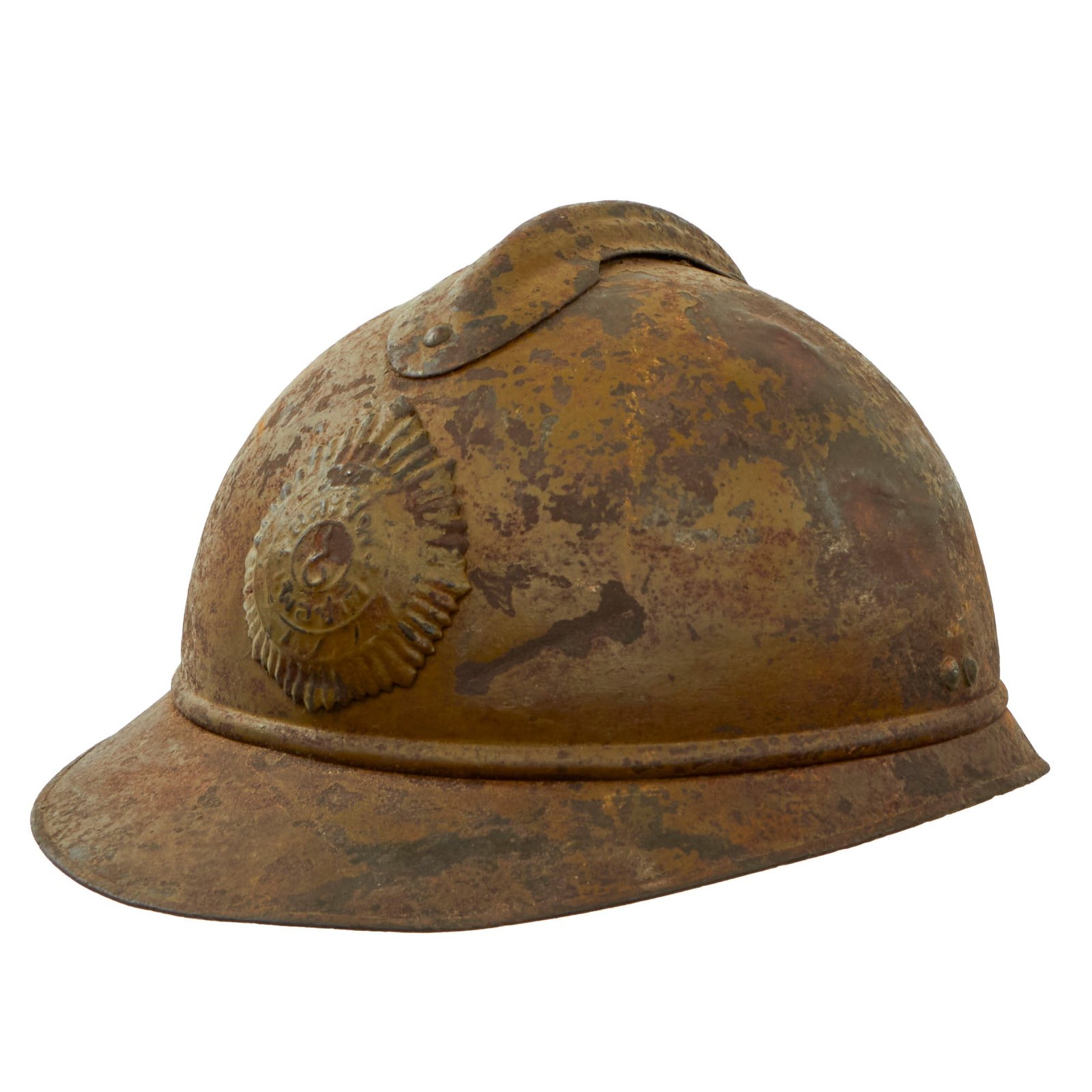 Original French WWI Model 1915 Adrian Helmet Shell with Siam Thailand Badge & Updated Liner