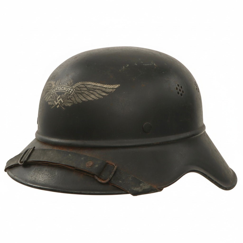 Original German WWII M38 Luftschutz Beaded Gladiator Air Defense Helmet with Single Piece Shell, 57cm Liner, and Chinstrap