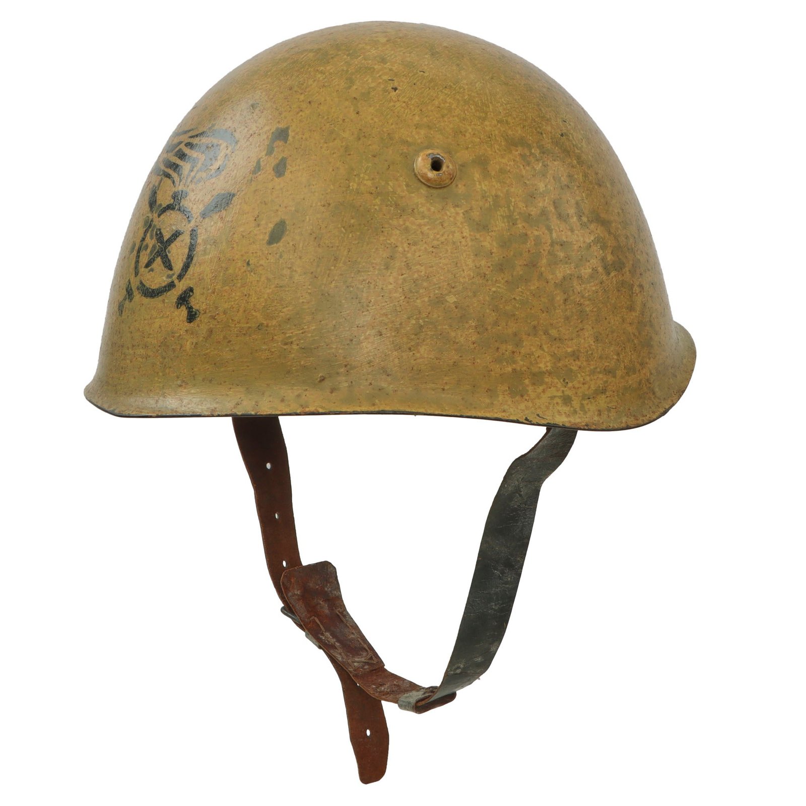 Original WWII Italian M33 Helmet with Post War Sand Camouflage Paint and Stencil - Full Liner & Chinstrap - Size 57
