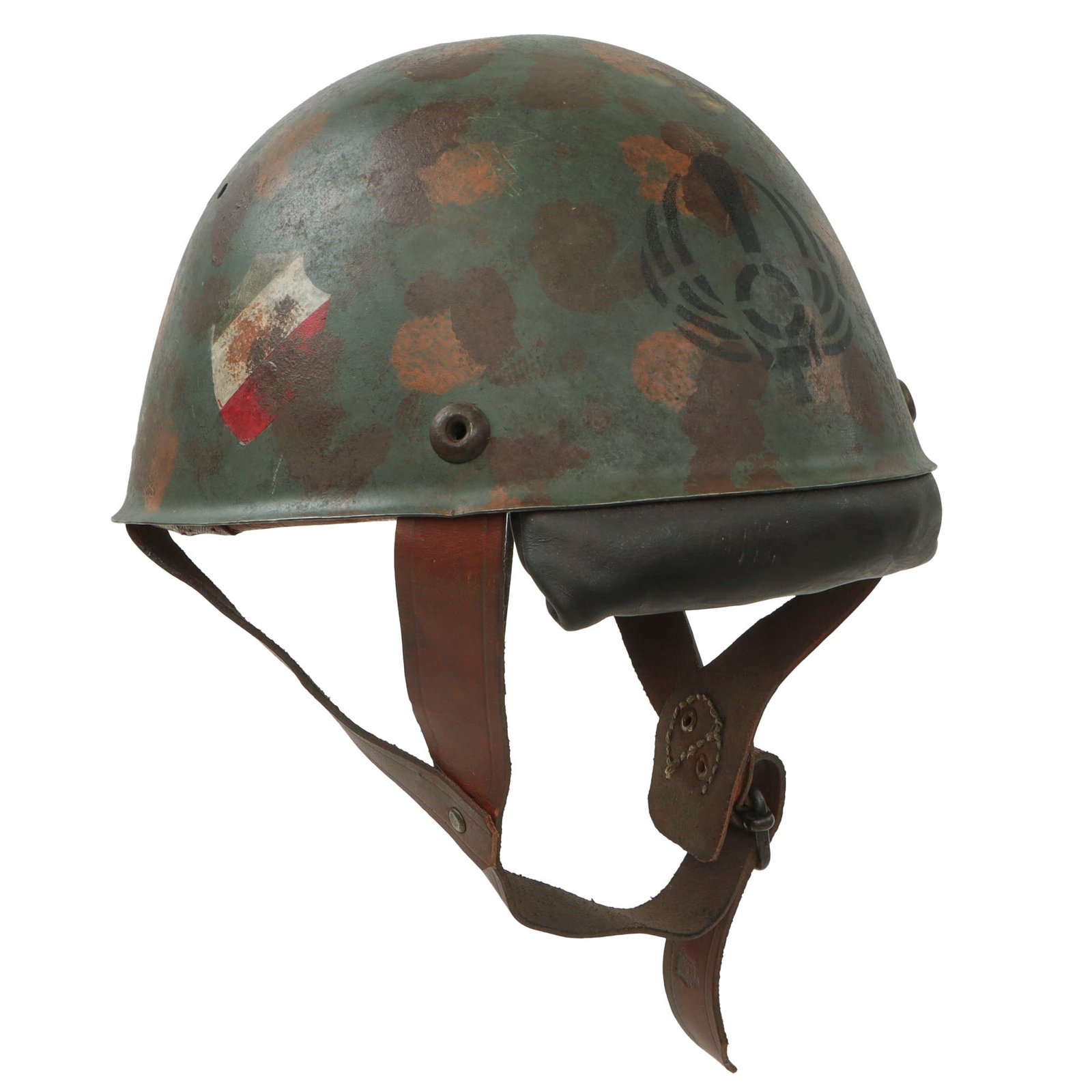 Original Rare Italian WWII M-39/41 Paratrooper Helmet With Post-War Liner and Replicated Camouflage Paint & Chinstrap