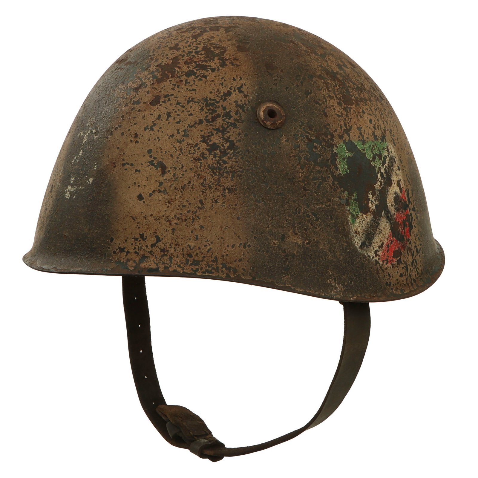 Original WWII Italian M33 Helmet with Sand Camouflage Paint marked with Navy Regia Marina Insignia & Italian Flag X Shield - Liner and Chinstrap