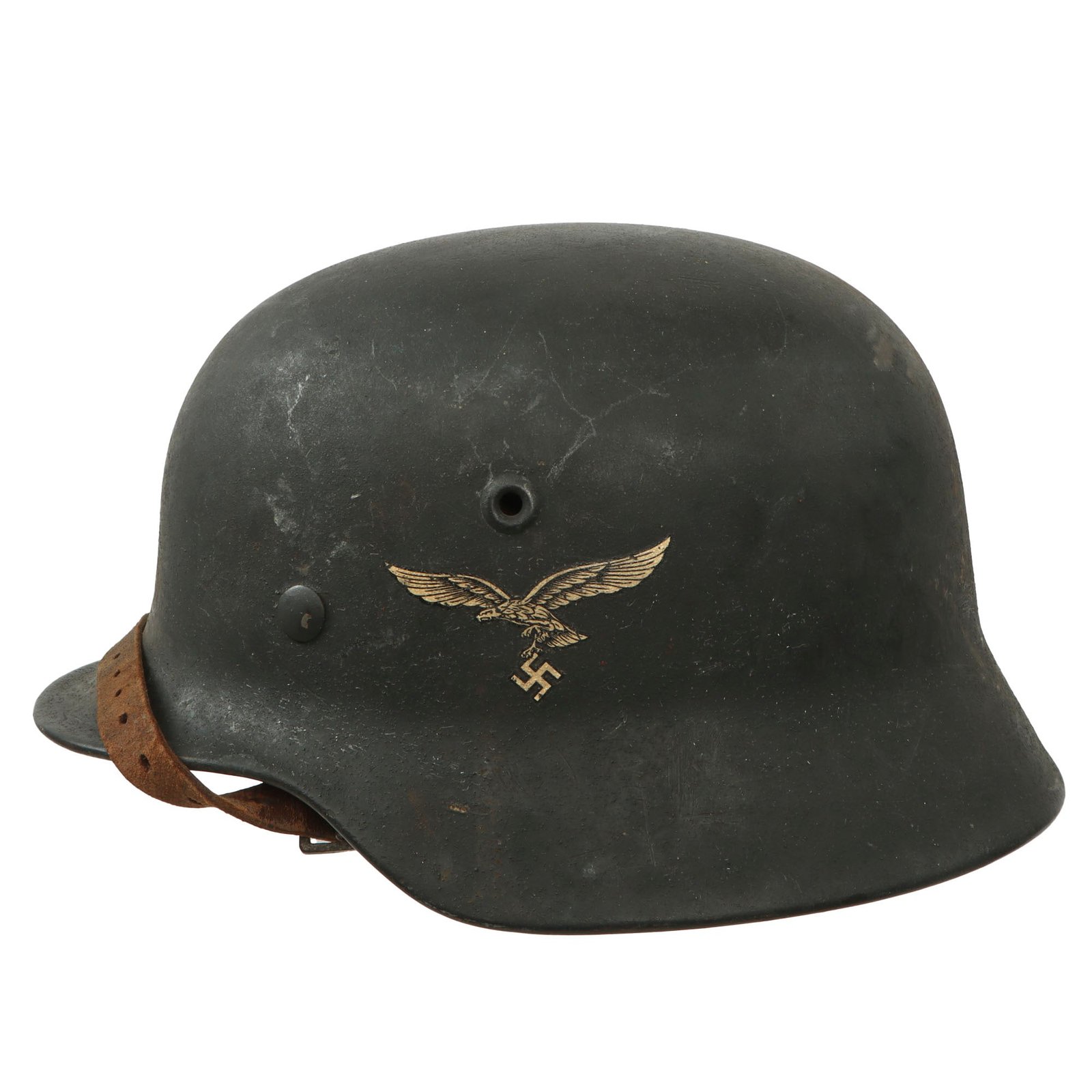 Original German WWII Luftwaffe Single Decal M40 Helmet with Size 56 Liner and Chinstrap - Stamped ET64