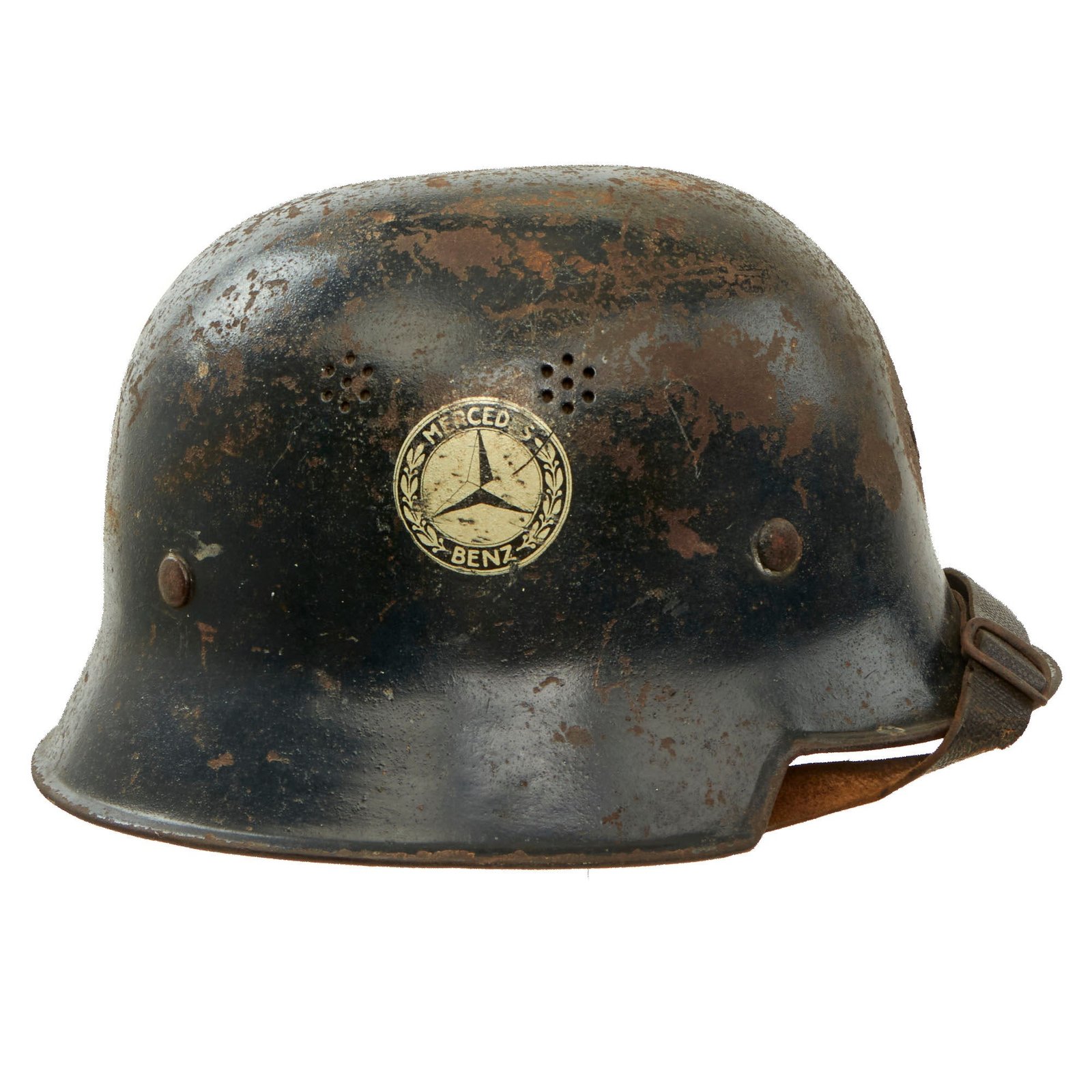 Original German WWII M34 Civic Square Dip Helmet with Post War Mercedes Benz Werkluftschutz Factory Air Raid Protection Decals
