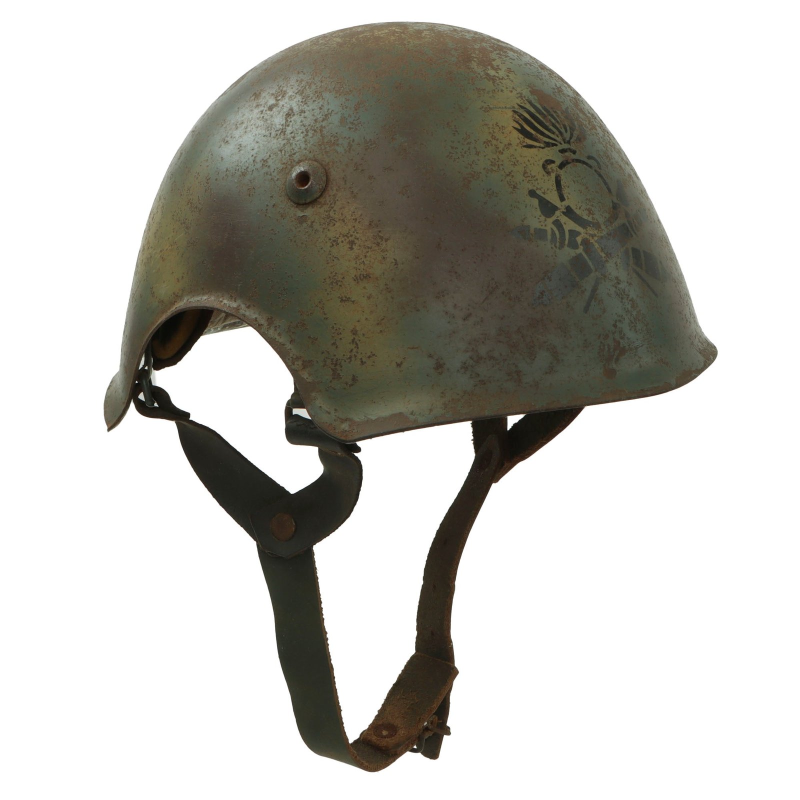 Original WWII Italian “Aerofonista” Ear Cut Out Radio Operator’s M33 Helmet with Fake Camouflage Paint & Stencil - Liner & Reproduction Chinstrap
