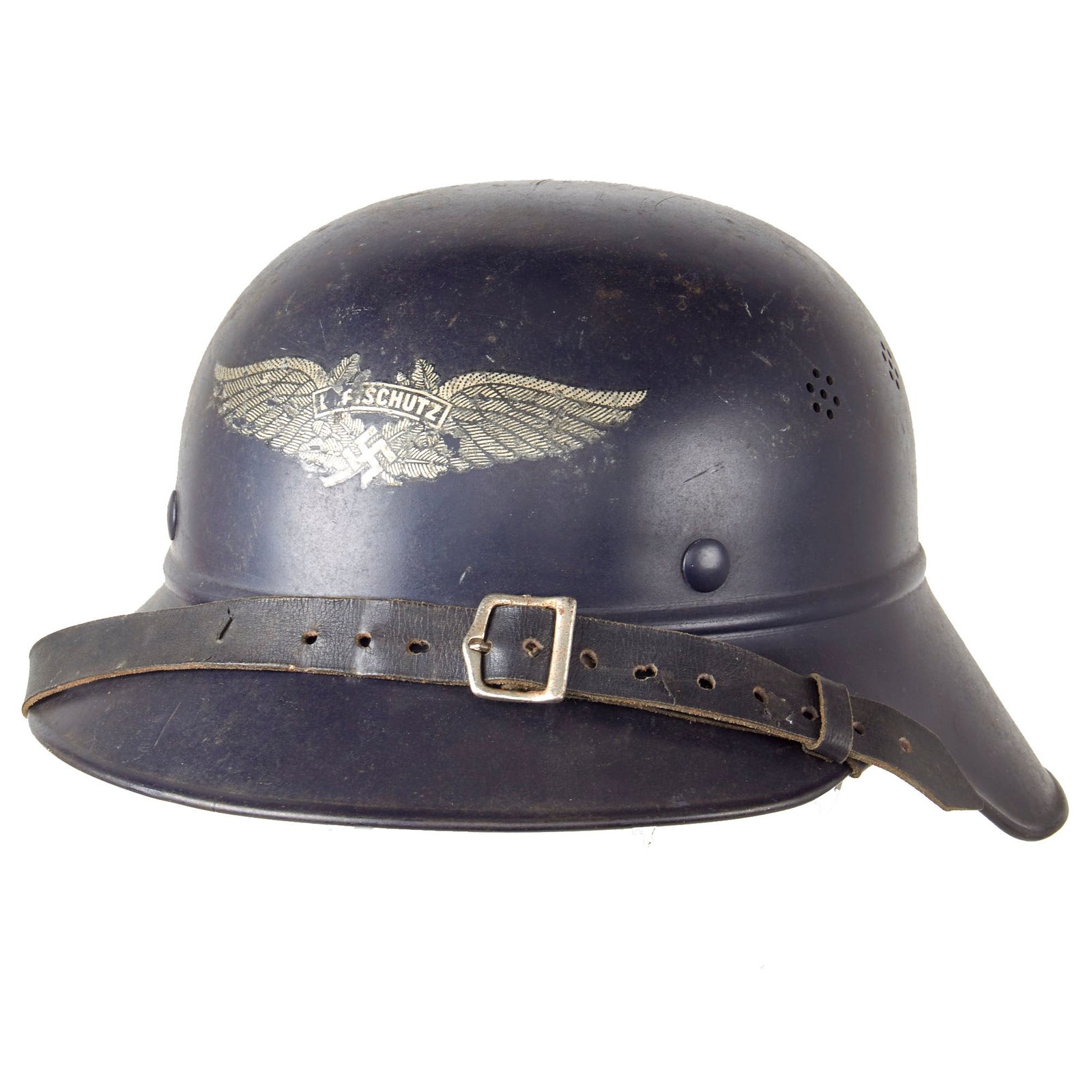 Original German WWII M38 Luftschutz Beaded Gladiator Air Defense Helmet with Single Piece Shell, 55cm Liner, and Chinstrap