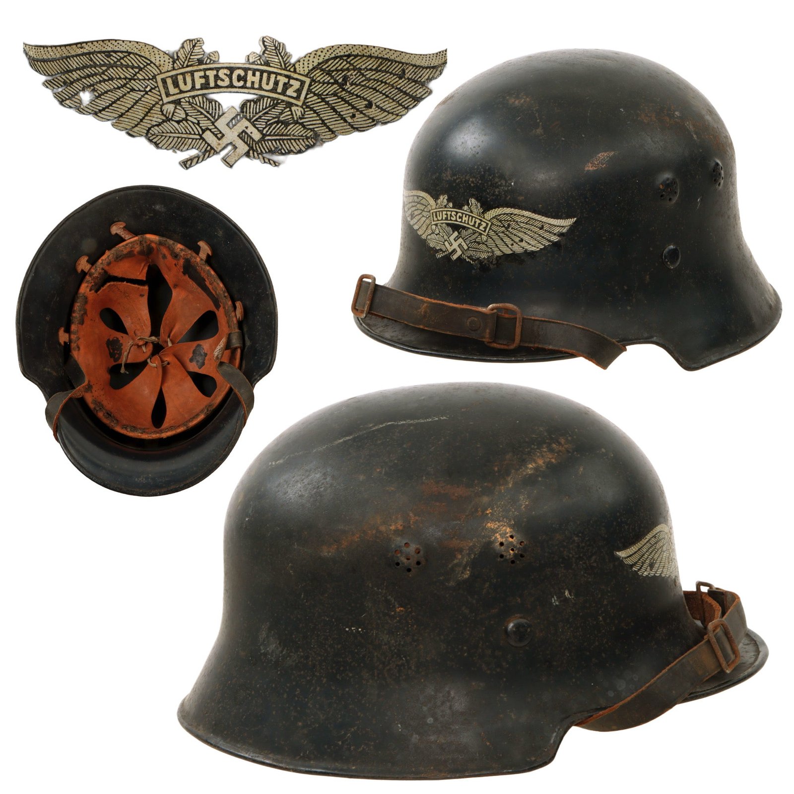 Original German WWII Early Commercial M34 Civic Square Dip Luftschutz Air Defense Steel Helmet