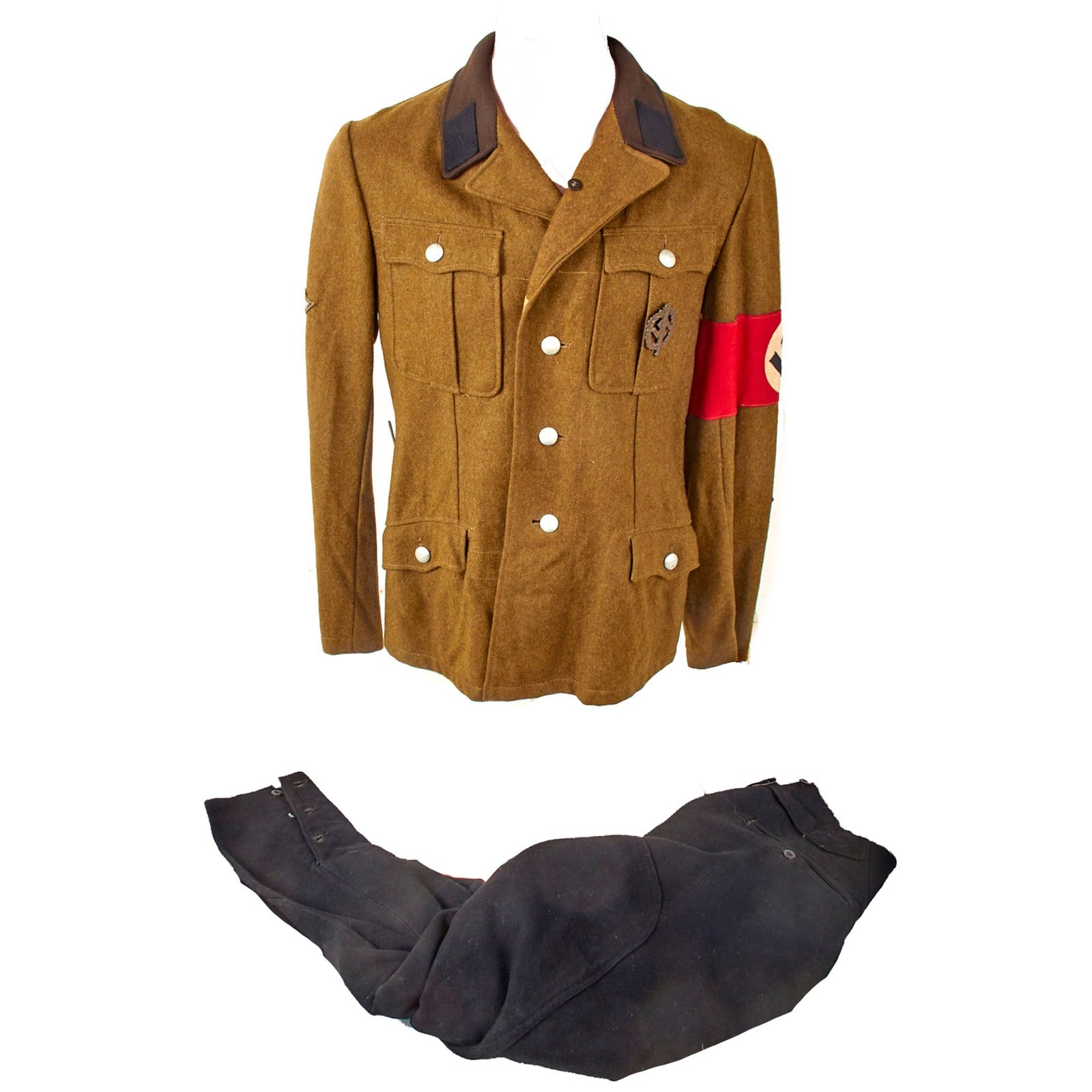 Original German WWII NSKK Enlisted Driver Service Tunic with Breeches and SA Defense Team Sports Badge