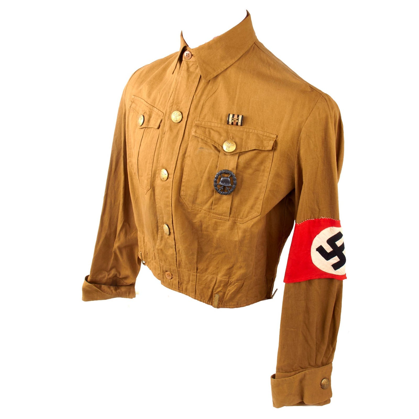 Original German WWII NSDAP "Brown Shirt" Uniform with Armband, Hindenburg Cross Ribbon, and Black Wound Badge - Size 50