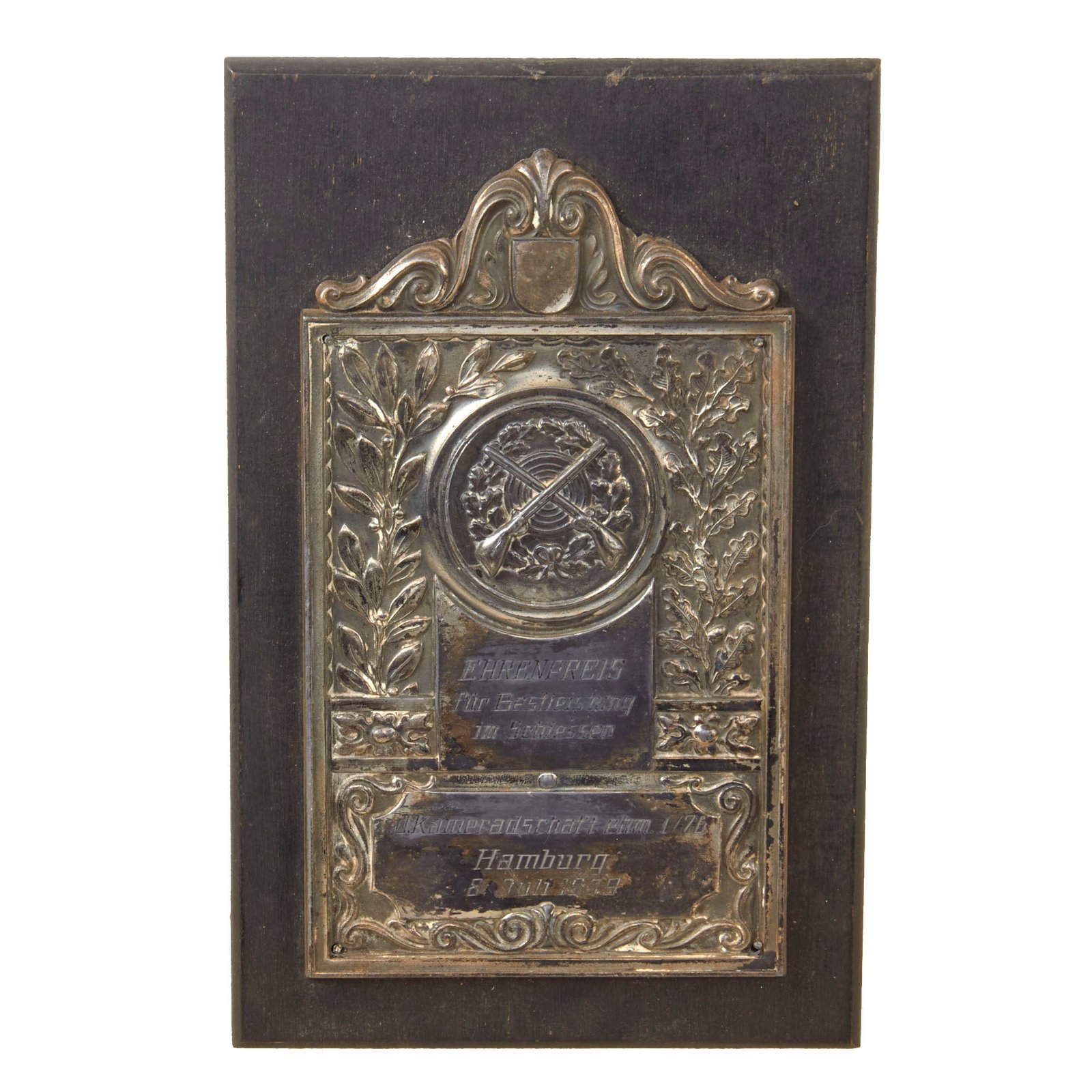 Original German Pre WWII Outstanding Shooting Prize Plaque on Wooden Backing - 6 1/2" x 9 3/4"