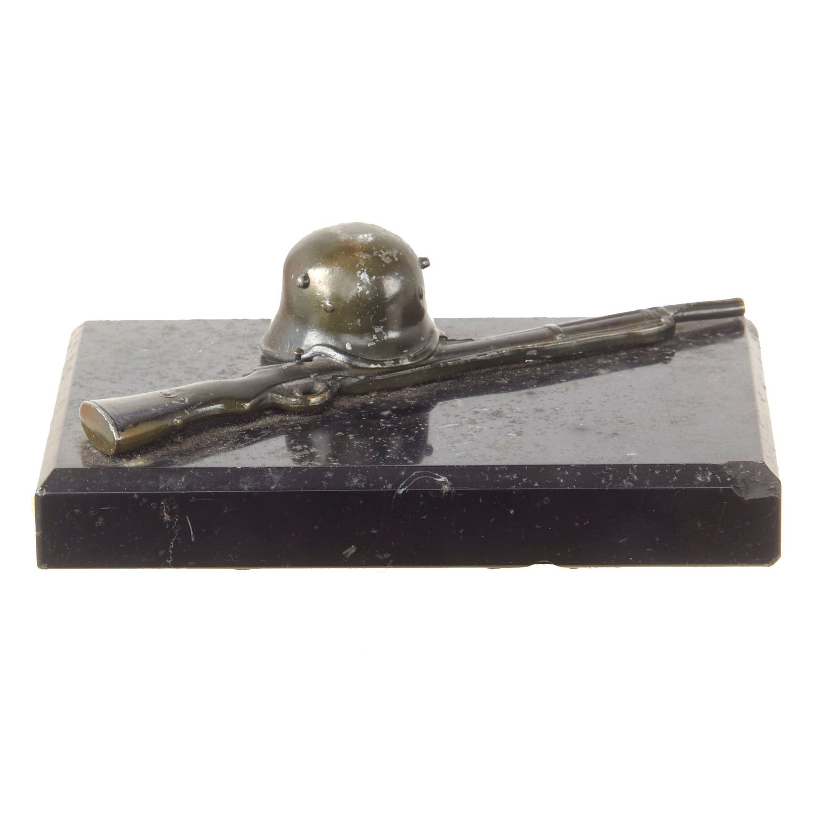 Original German WWII Army Heer M18 Stahlhelm Helmet on GEW 98 Rifle Desk Ornament on Marble Base