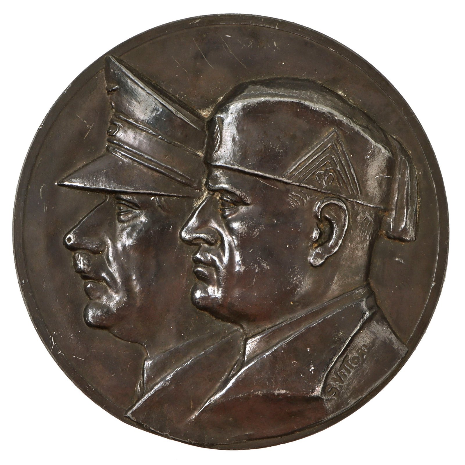 Original Italian WWII Mussolini & AH Wall Plaque by S. Vittori - 7 ⅜” Diameter