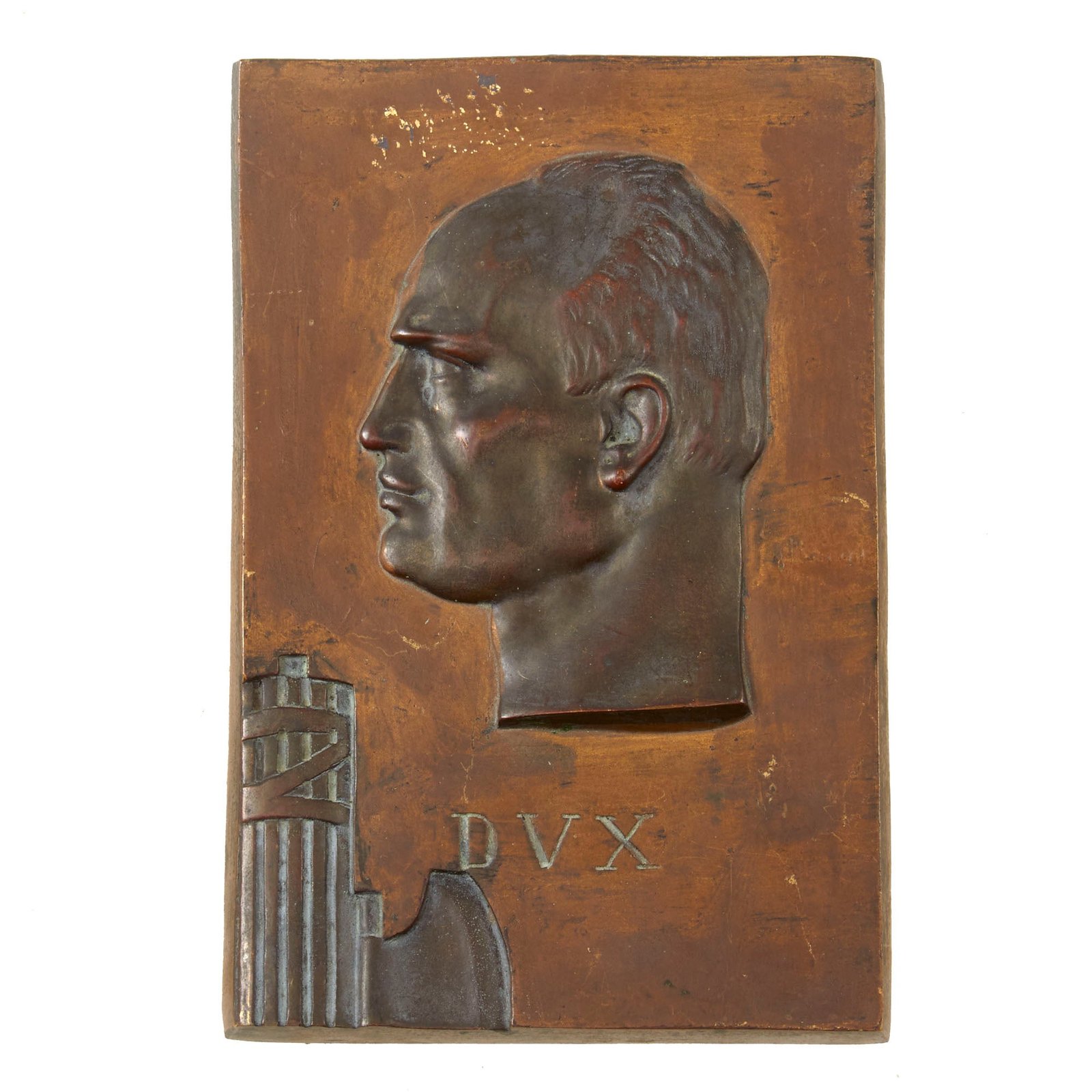 Original Italian WWII Fascist Italy Benito Mussolini Fasces DVX “Il Duce” Brass Wall Plaque - 6 ½ x 10”