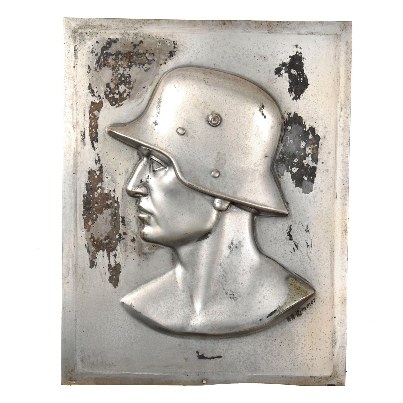 Original German WWII Heer Army Soldier Bust Stamped Metal Wall Plaque by F.P. Zimmer - 7 5/8" x 9 3/4"