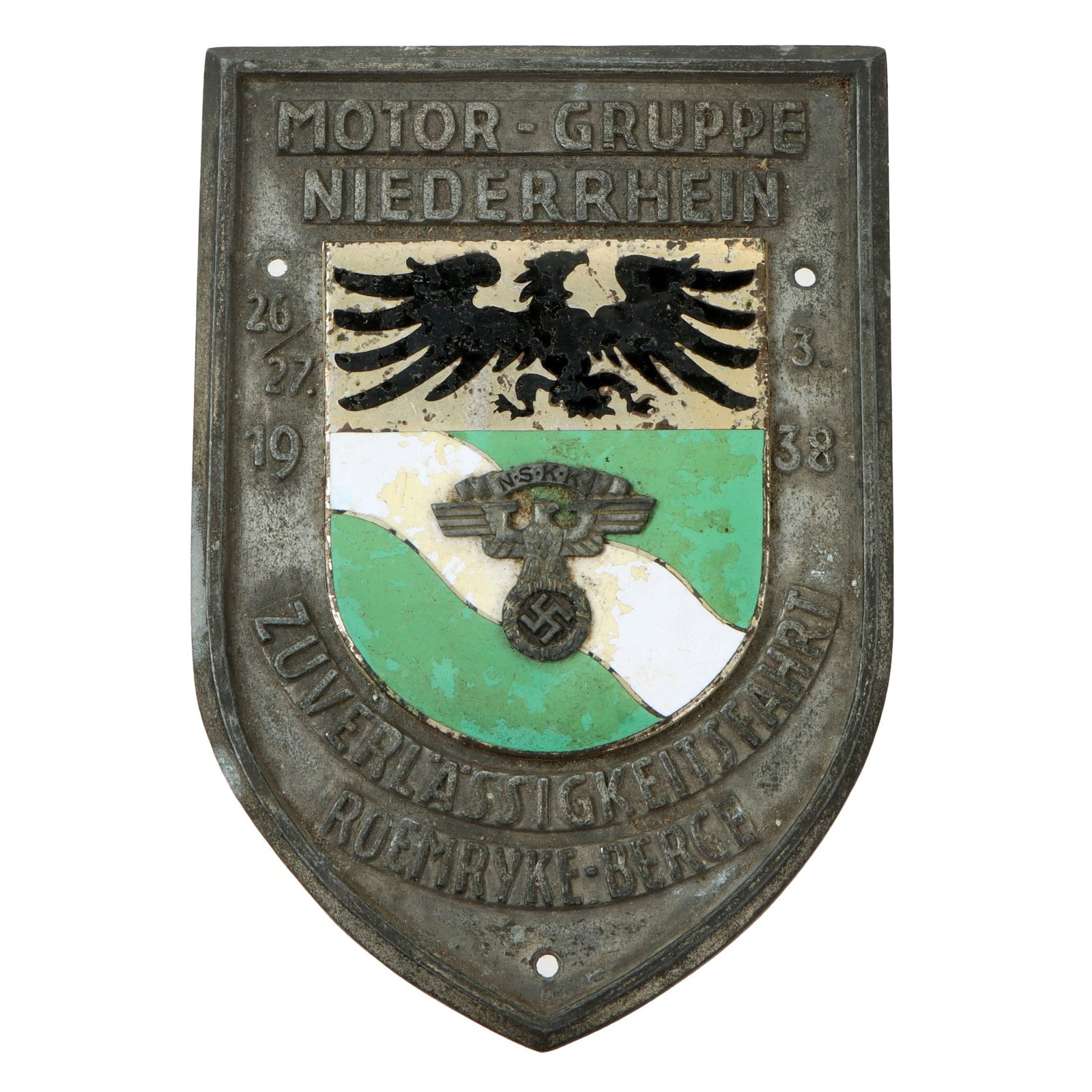 Original German WWII NSKK Motor Group Lower Rhein 1938 Roemryke-Berge Reliability Test Trip Vehicle Plate