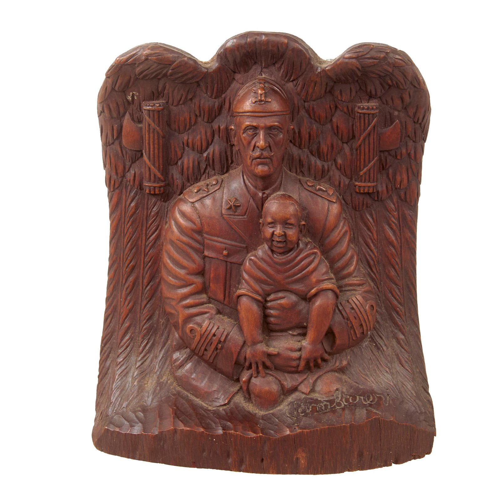 Original Italian WWII Wooden Carving of Italian General Holding Baby - Signed Cambareu