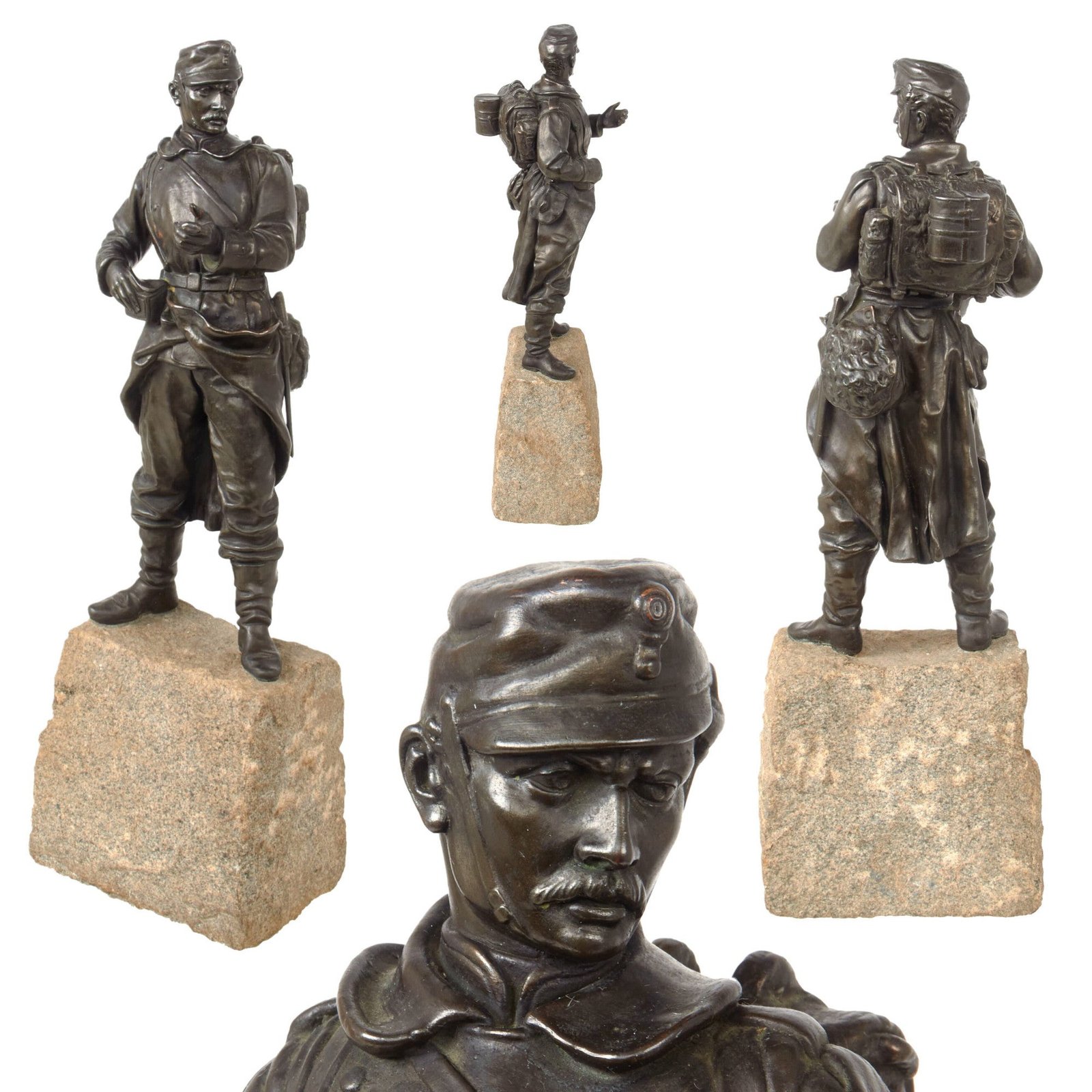 Original Austro-Hungarian WWI Solid Bronze Soldier Statue on Granite Base - Missing Rifle - 20” Tall
