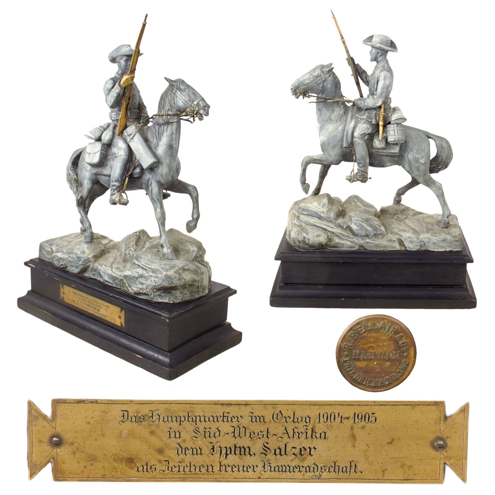 Original Imperial German Herero Wars Schutztruppen Equestrian Bronze Statue with Dedication to Captain Salzer - 19½” Tall