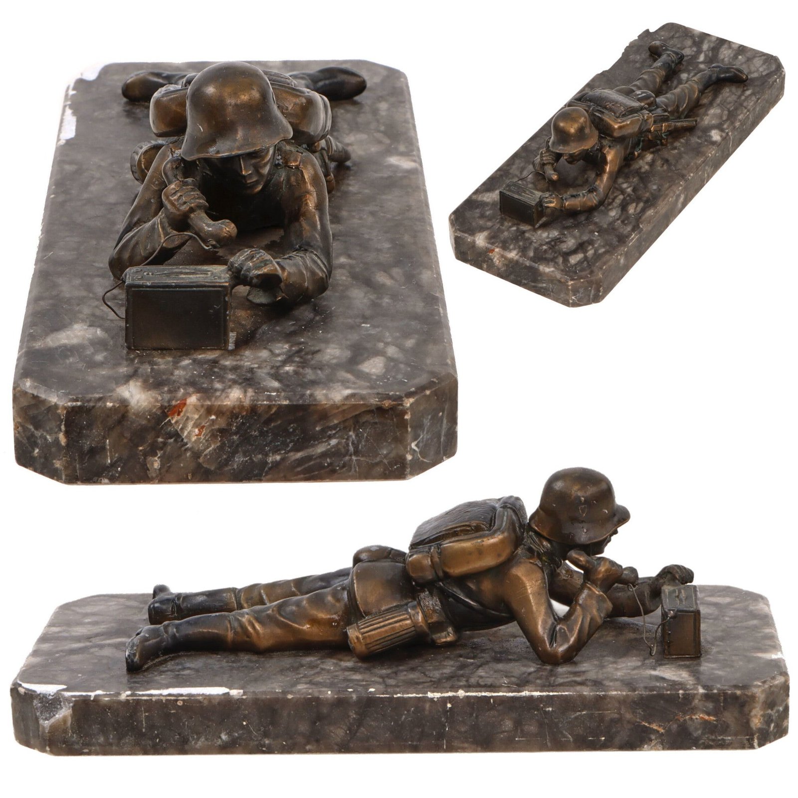 Original German Pre-WWII Bronze Statue of Reichswehr Signalman Laid Down with Field Phone on Marble Base