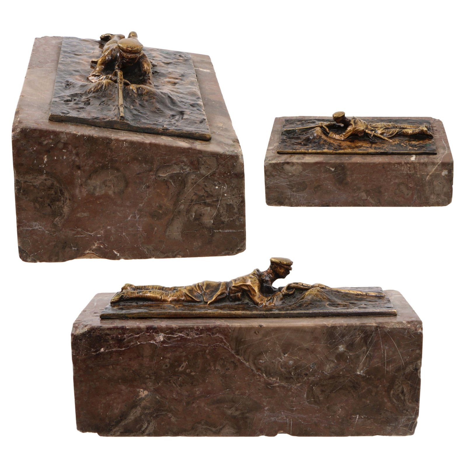 Original Austro-Hungarian WWI Bronze Statue of Soldier Lying Prone Firing on Marble Base