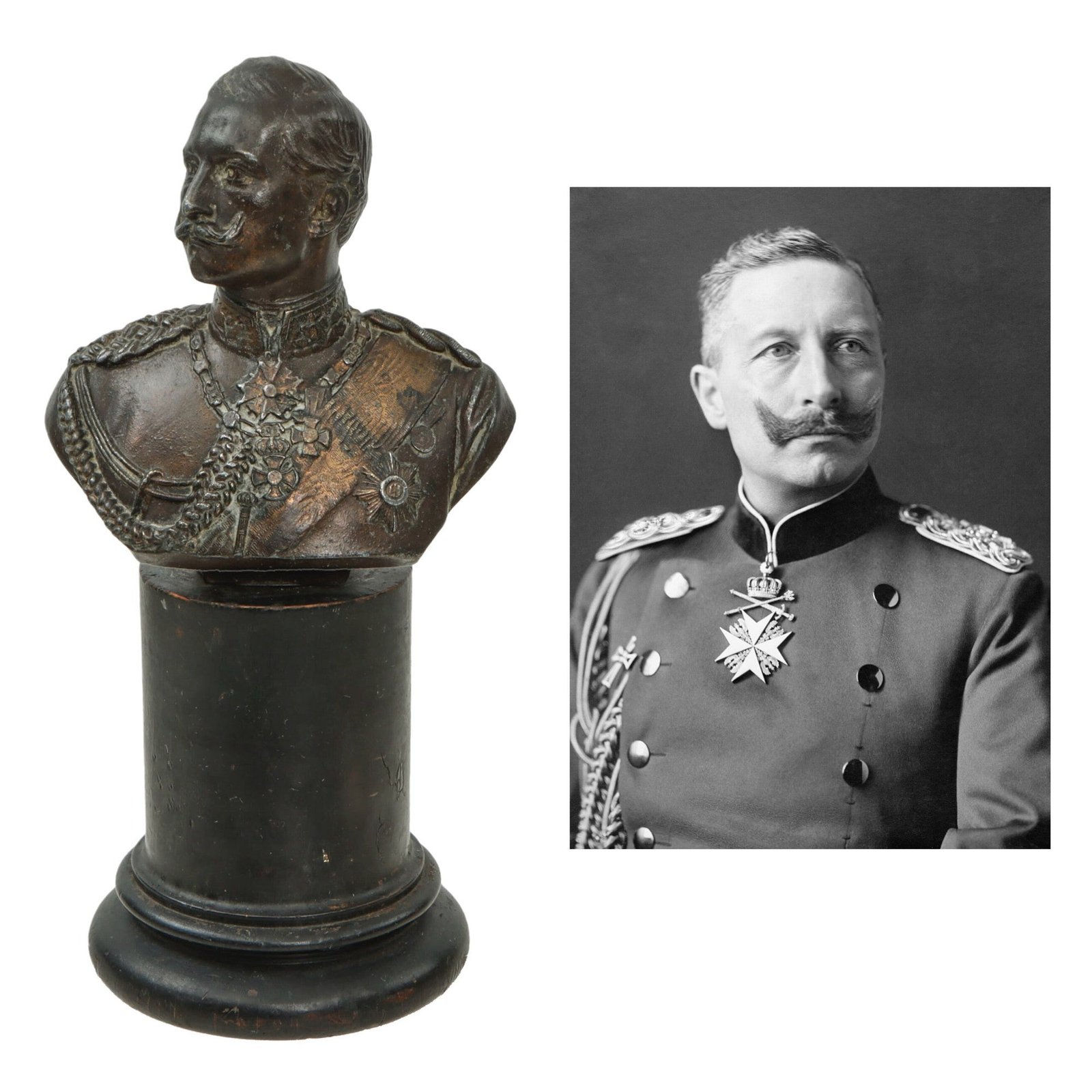 Original Imperial German Pre-WWI Era Bust of Young Kaiser Wilhelm II on Wooden Base - Signed Uhlmann - 9¾” Tall