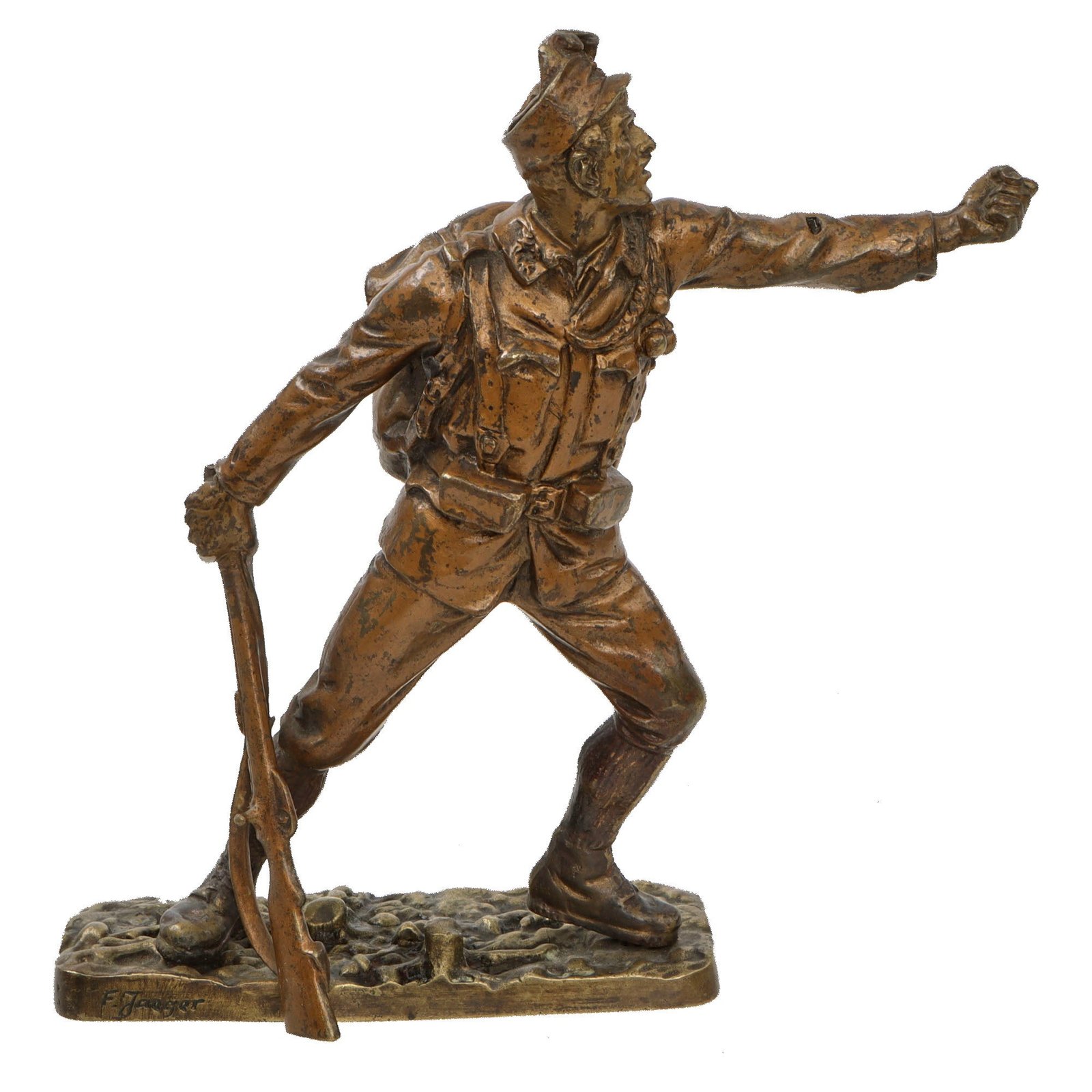 Original Austro-Hungarian WWI Soldier Bronze Statue on Base with Broken Rifle by F. Jaeger - 9” Tall