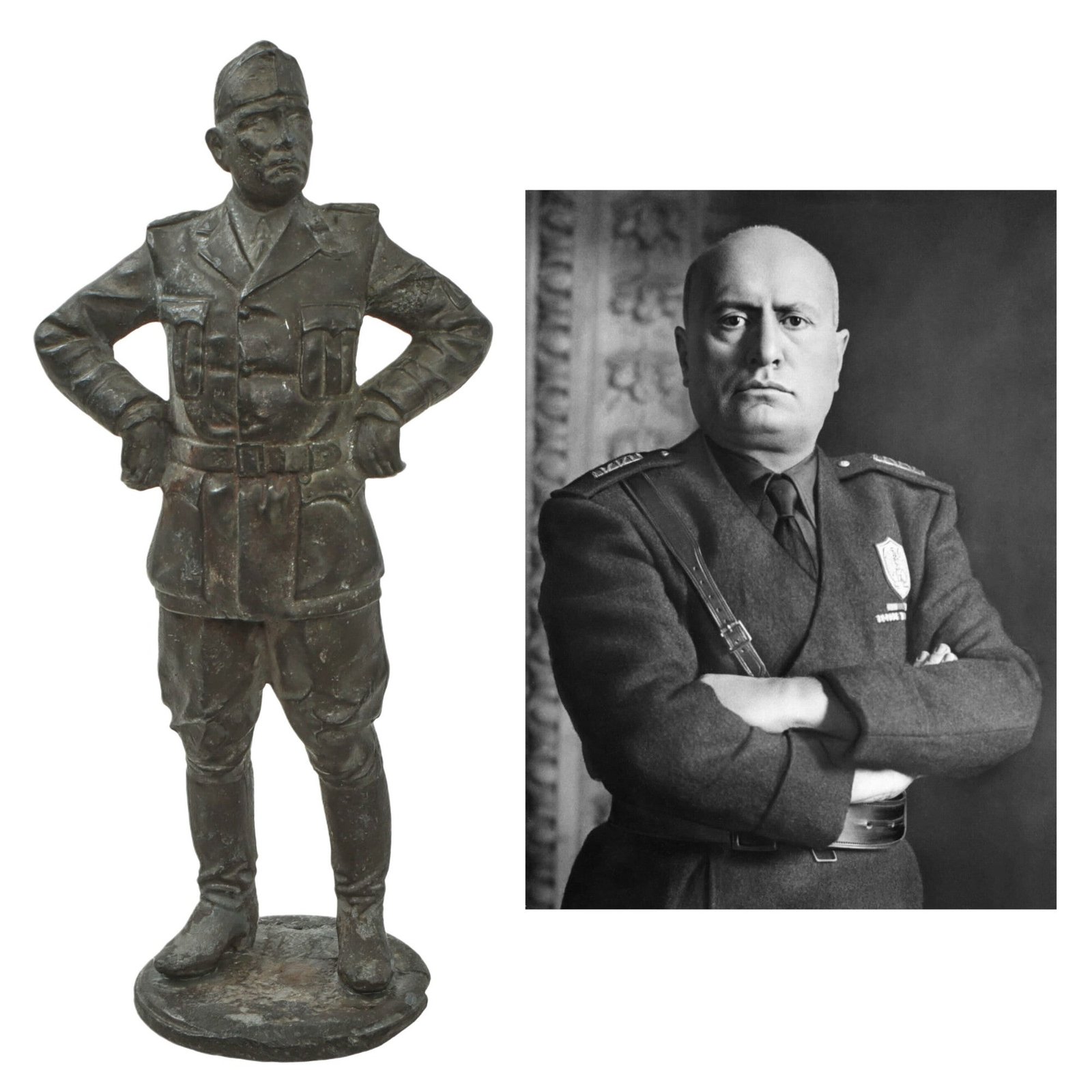 Original Italian WWII Small Statue of Benito Mussolini Wearing Bustina - 8¾” Tall