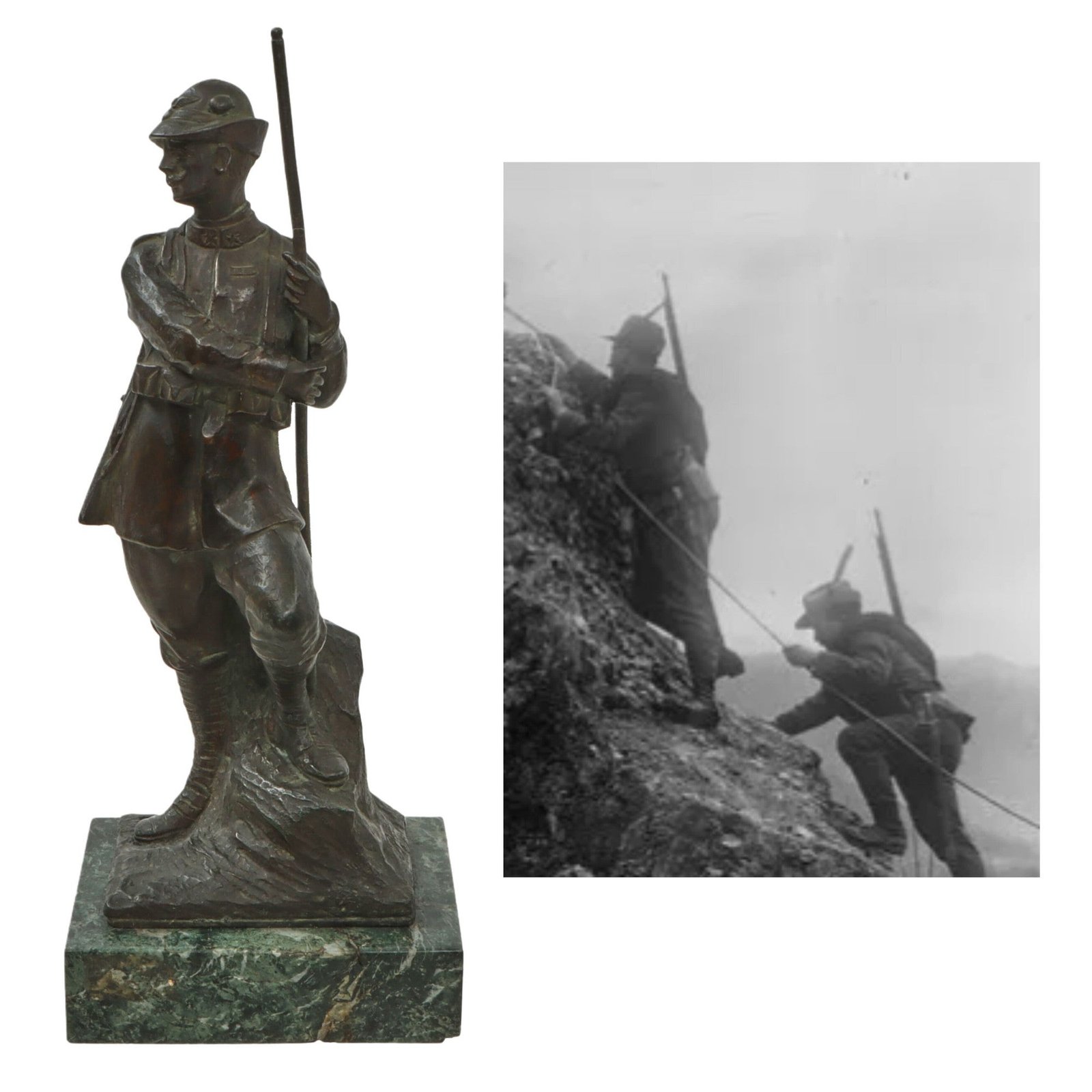 Original Italian WWI Alpini Soldier Bronze Statue on Marble Base Signed Ronco - 11¾” Tall