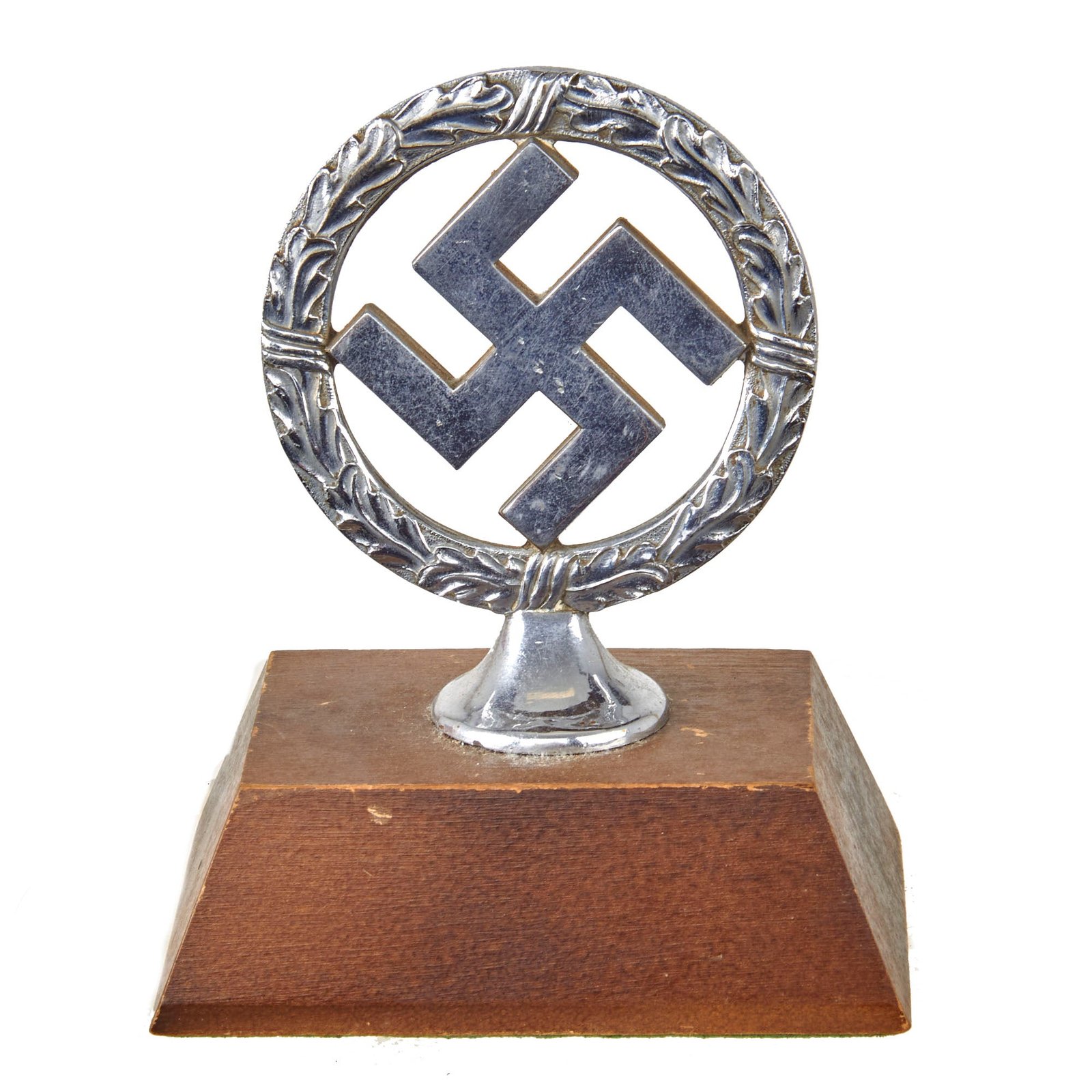 Original German WWII NSDAP Nickel Plated Brass Insignia on Wooden Base