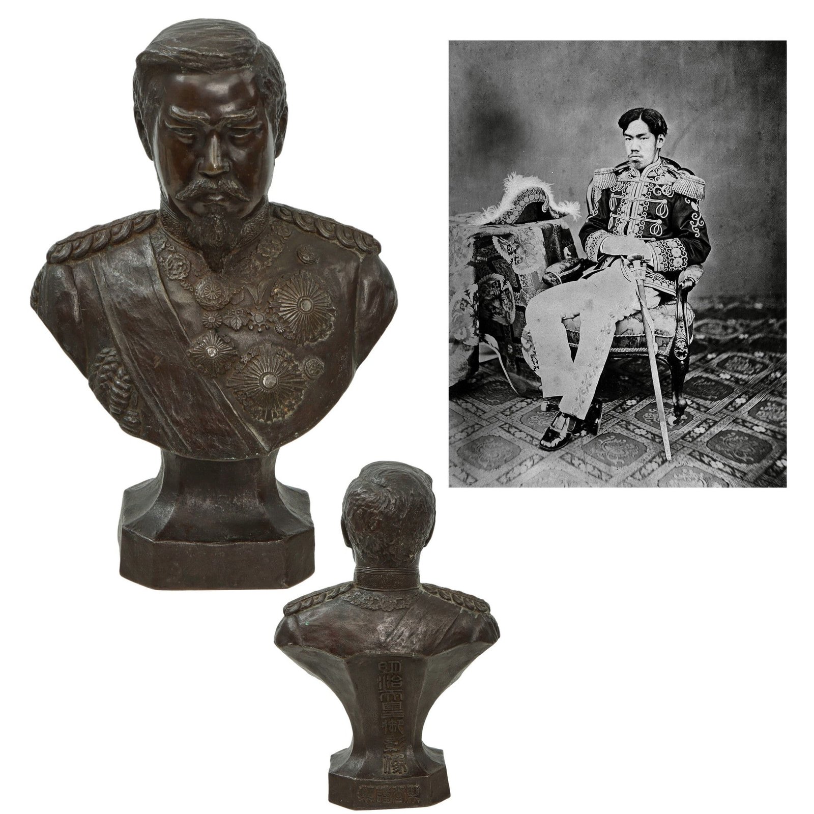 Original Japanese Pre-WWII Emperor Meiji Bronze Bust with Great Embossed Signature