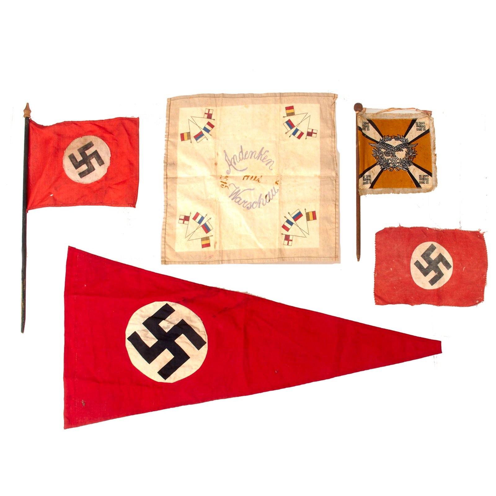 Original German WWI - WWII Flag and Pennant Grouping with Personalized WWI Allied Powers Napkin