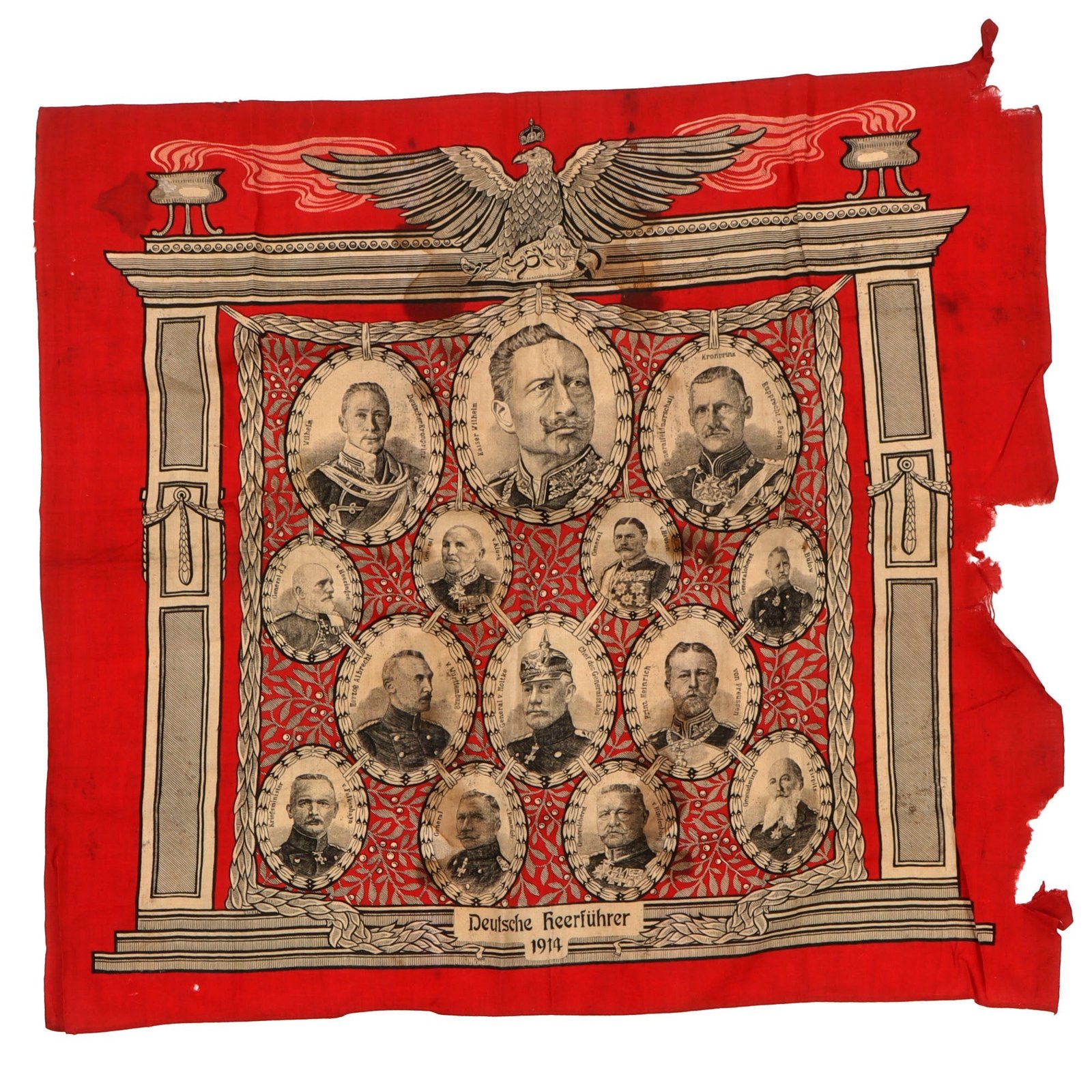 Original Imperial German WWI Patriotic Handkerchief with Leaders & Generals - 22½ x 25”