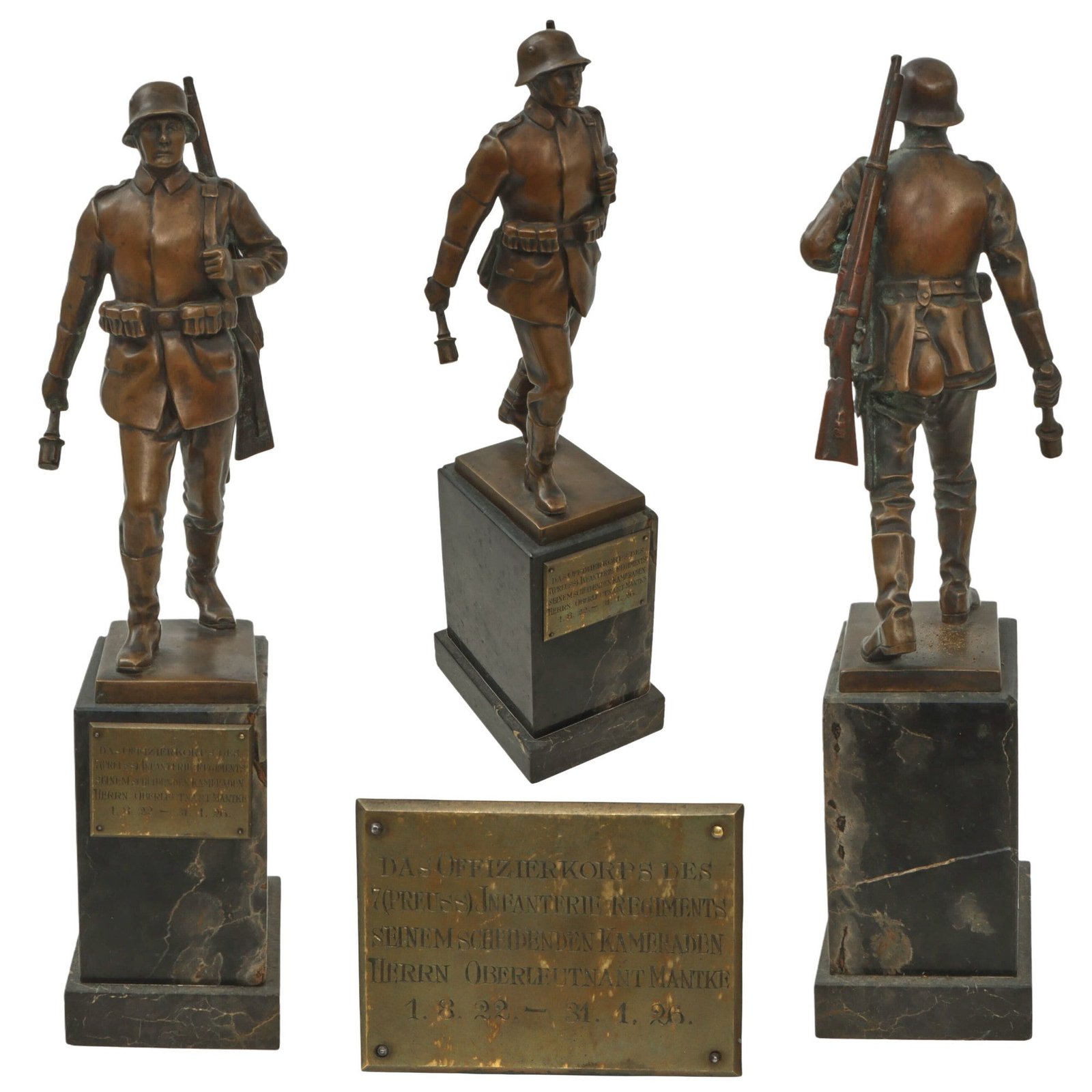 Original German Post-WWI Marching Soldier Bronze Statue on Marble Base with Dedication to Oberleutnant Mantke, 7th (Preuss) Infantry - 13” Tall