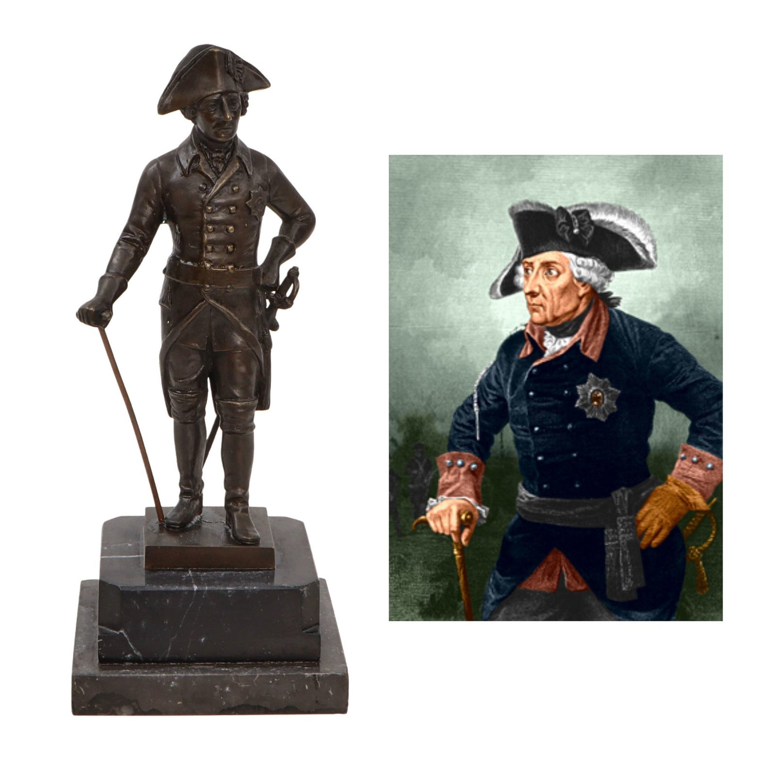 Original German Pre-WWII Era Porcelain Frederick the Great Statue on Marble Base - 10” Tall