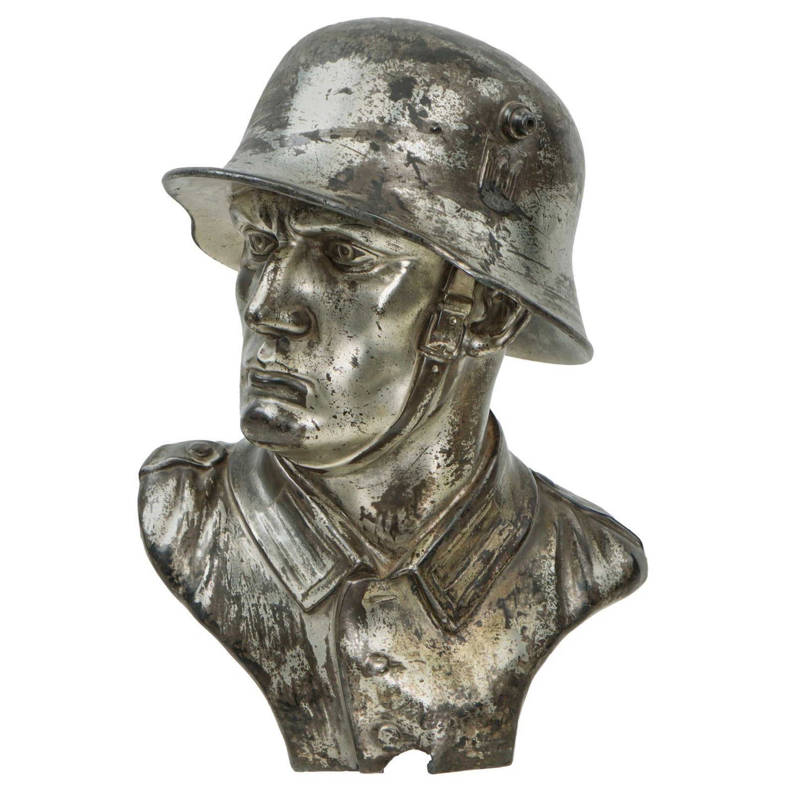 Original German WWII Early Heer Army Soldier Plated Metal Bust Wearing Sanitized Transitional M16 Helmet