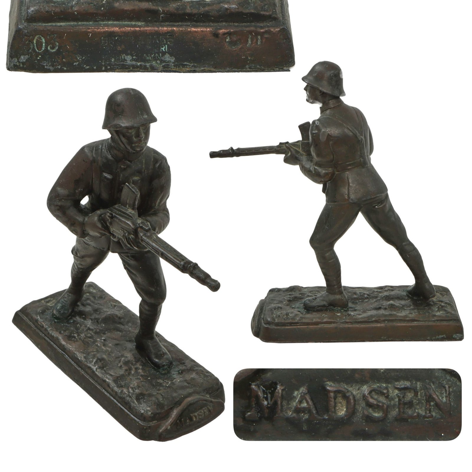 Original Danish WWII Era Bronze Statue of Soldier with Madsen Machine Gun by Brødr Grage Broncestøberi