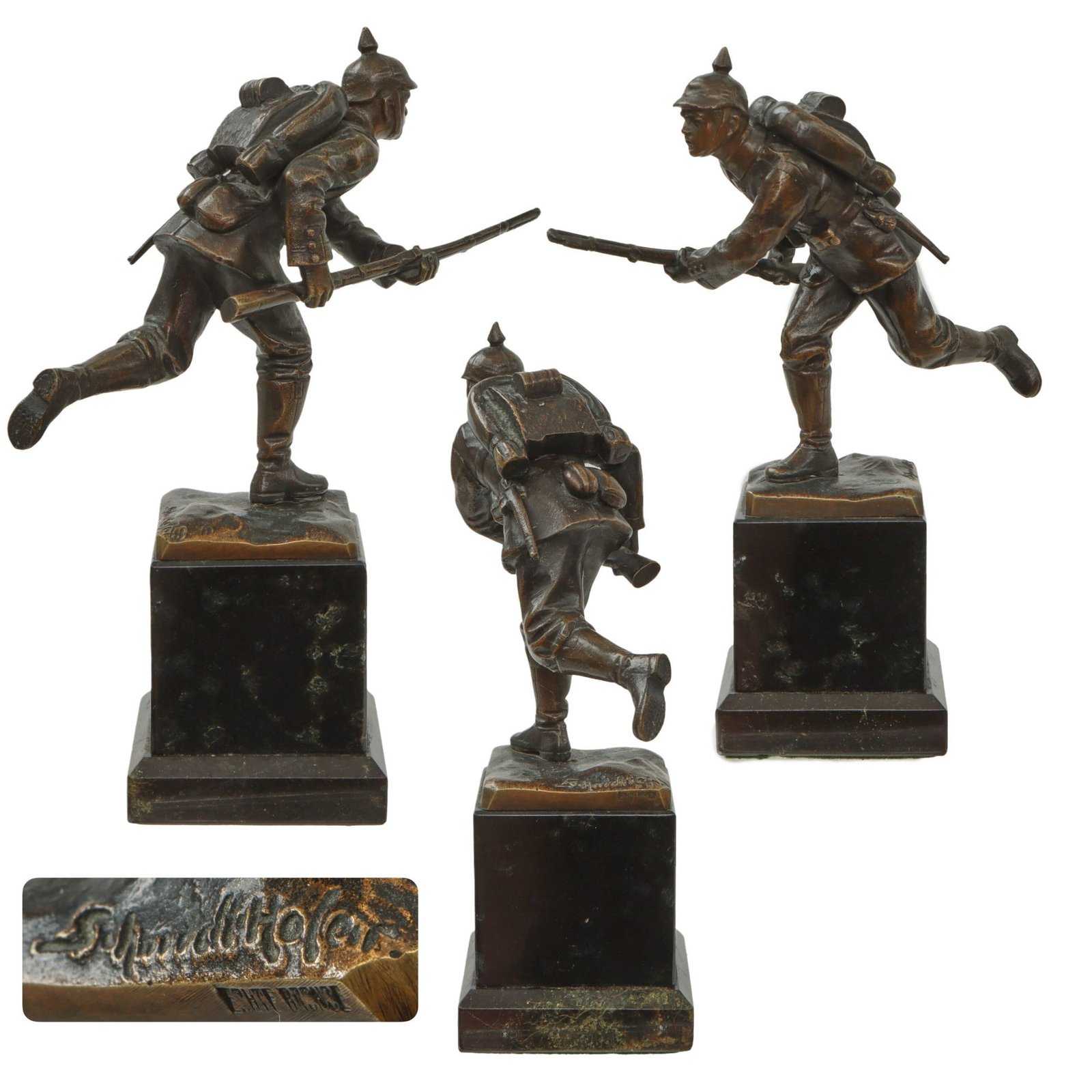 Original Imperial German WWI Bronze Statue of Soldier Advancing by Schmidt Hofer with Marble Base