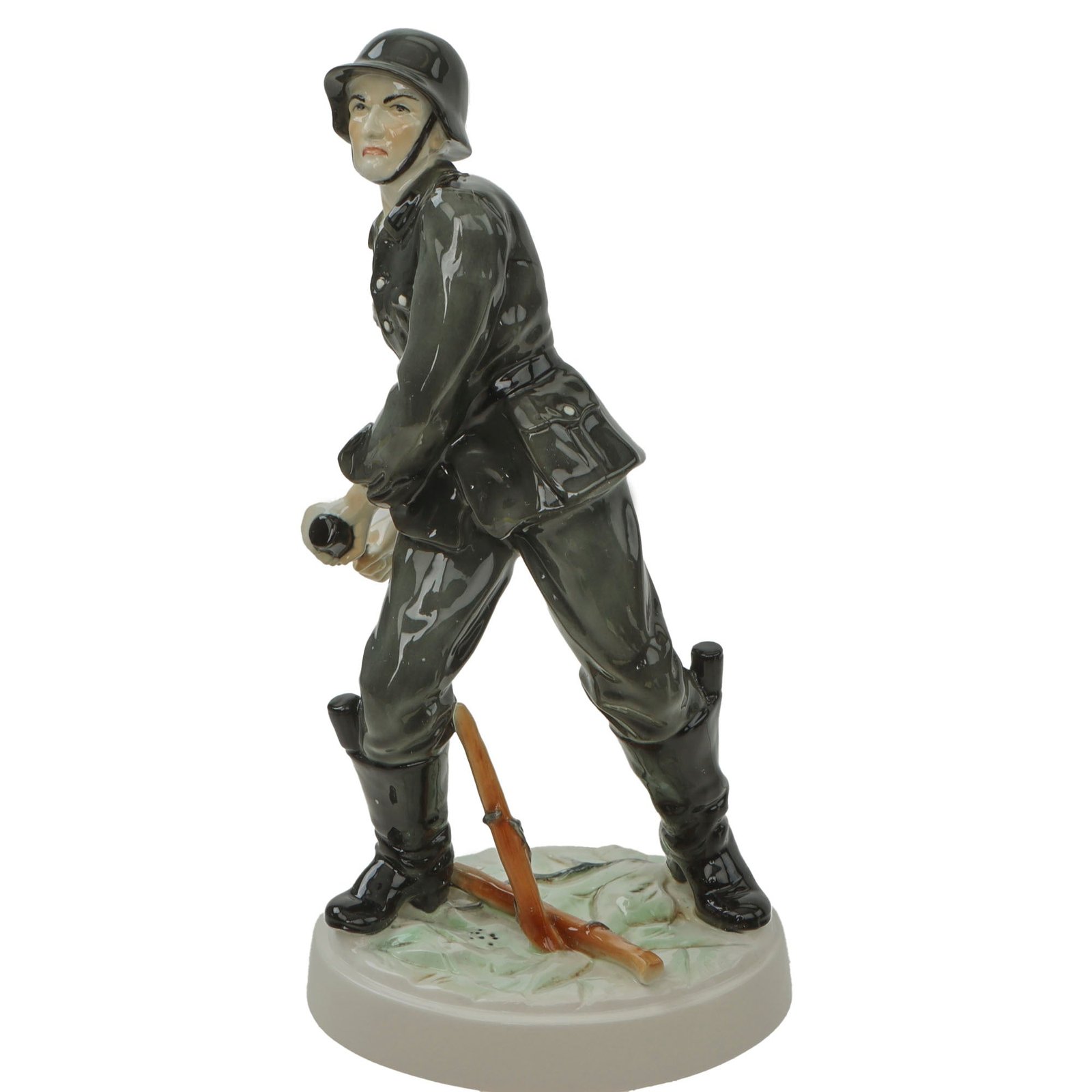 Original German WWII Large Scale Colorized Porcelain Statue of German Heer Army Soldier Throwing M24 Stick Grenade Stielhandgranate - Maker-Marked ENS - 13¾” Tall