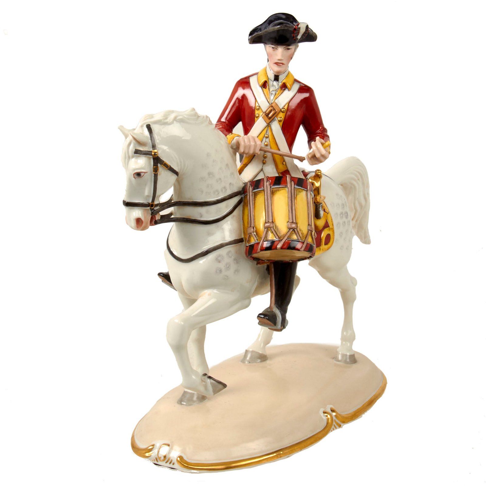 Original German Pre-WWII Era Nymphenburg Porcelain Equestrian Dragoon Drummer Statue - Trommler der Bernischen Roten Dragoner