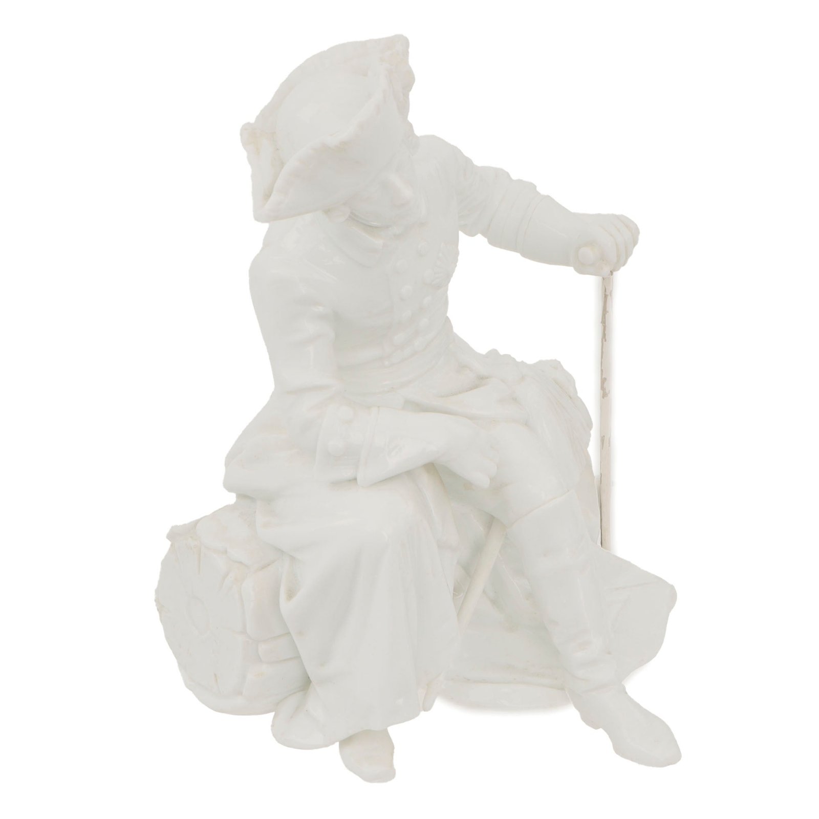 Original German Pre-WWII Era Porcelain Frederick the Great Seated Statue with Repaired Cane