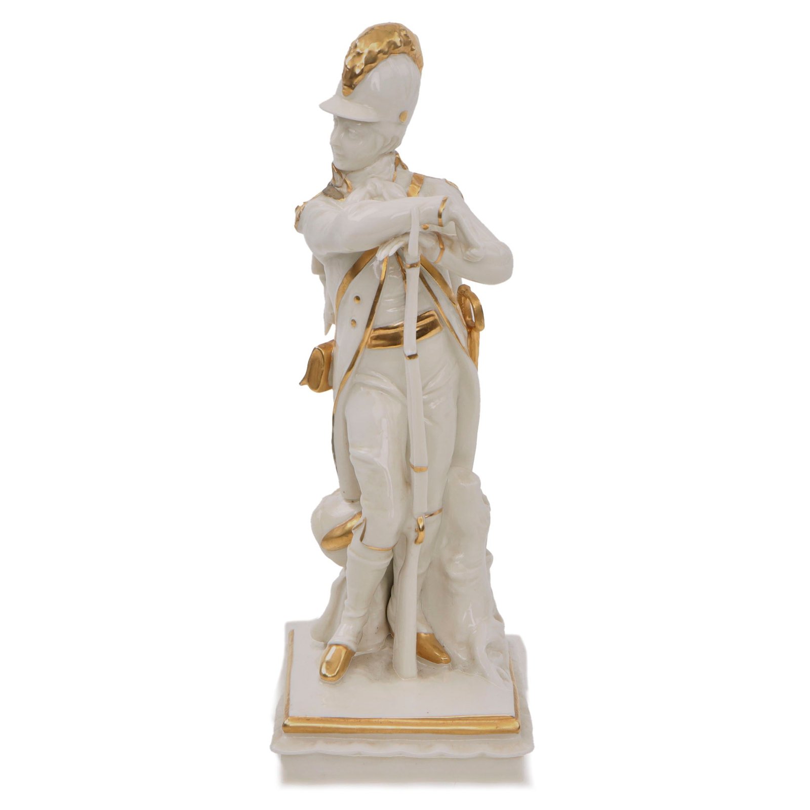 Original German Interwar Porcelain Statue of Napoleonic Soldier with Gold Paint and Pheasant - Damaged