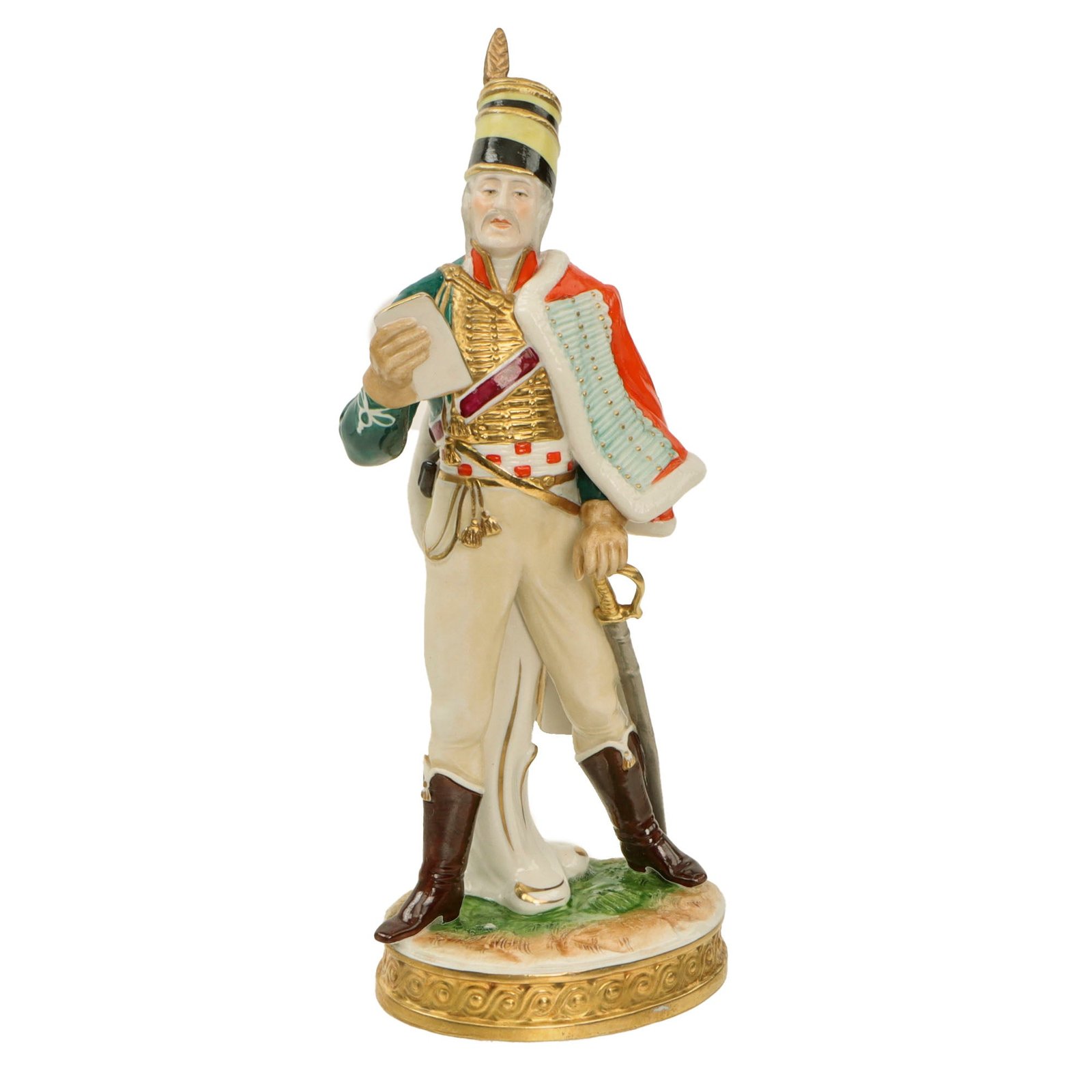 Original German WWII Era Colorized Porcelain Statue of German Hussar Officer Circa 1792 - 10 ¼” Tall