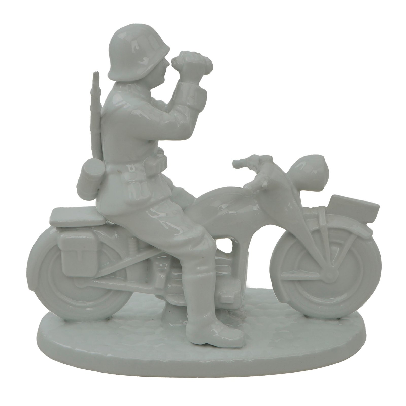 Original German WWII Porcelain Statue of Motorcycle Reconnaissance Soldier with Binoculars by Neundorf - 9¼” Tall