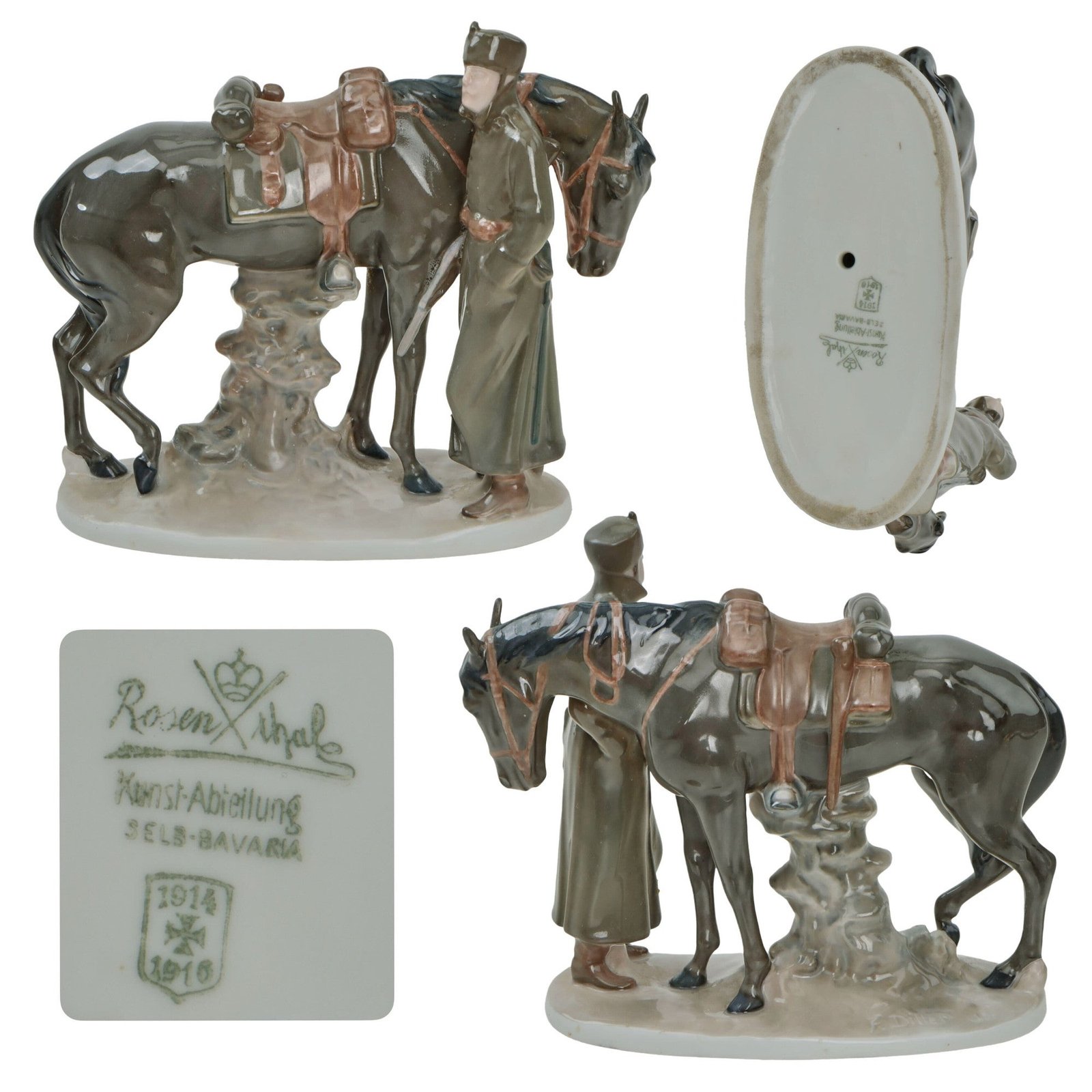 Original Imperial German WWI Porcelain Hussar & Horse Statue with 1914-1916 Iron Cross Stamp by Rosenthale of Selb, Bavaria
