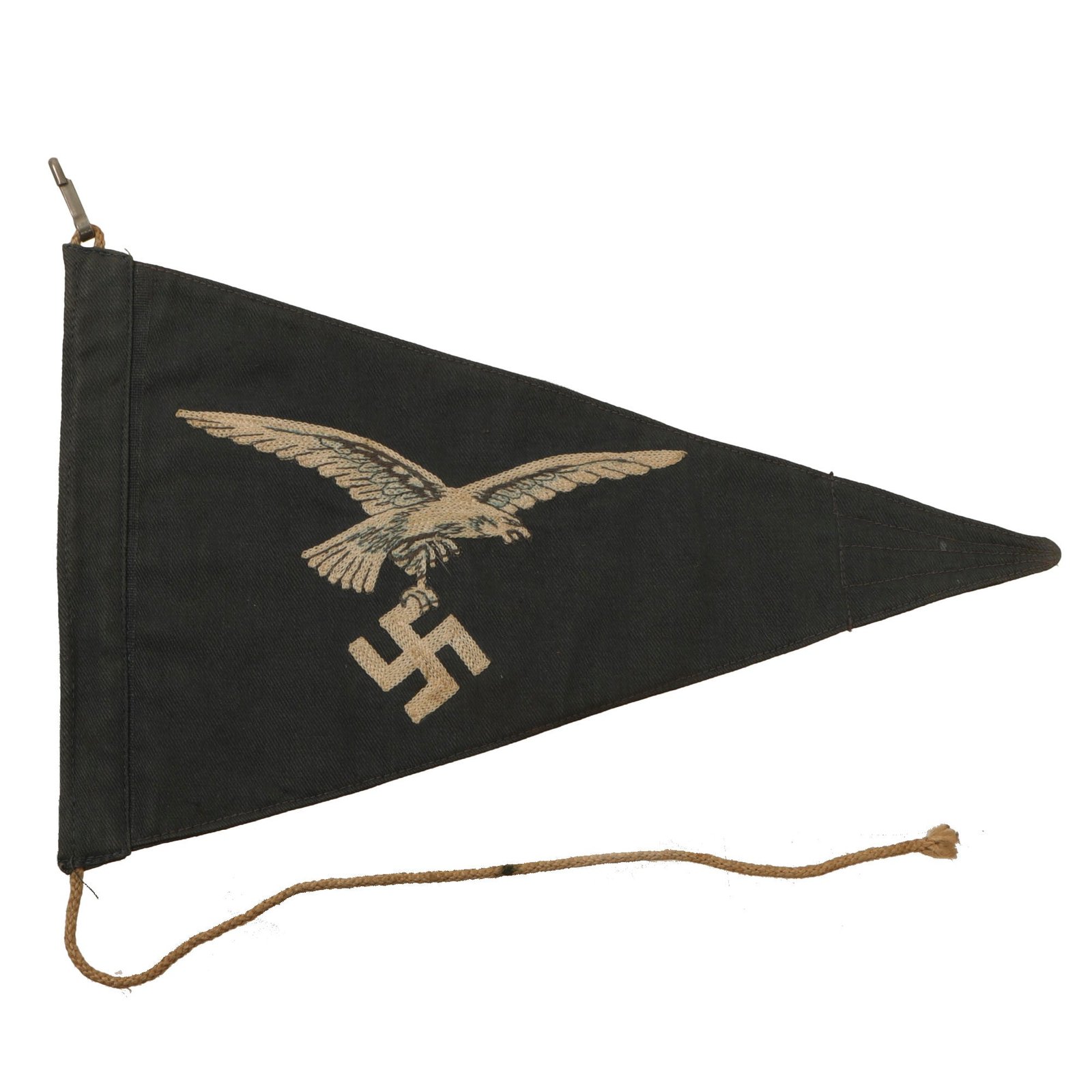 Original German WWII Luftwaffe Officer Vehicle Fender Staff Pennant Flag with Chain-Stitched Eagles - 7 ⅝ x 12 ⅜