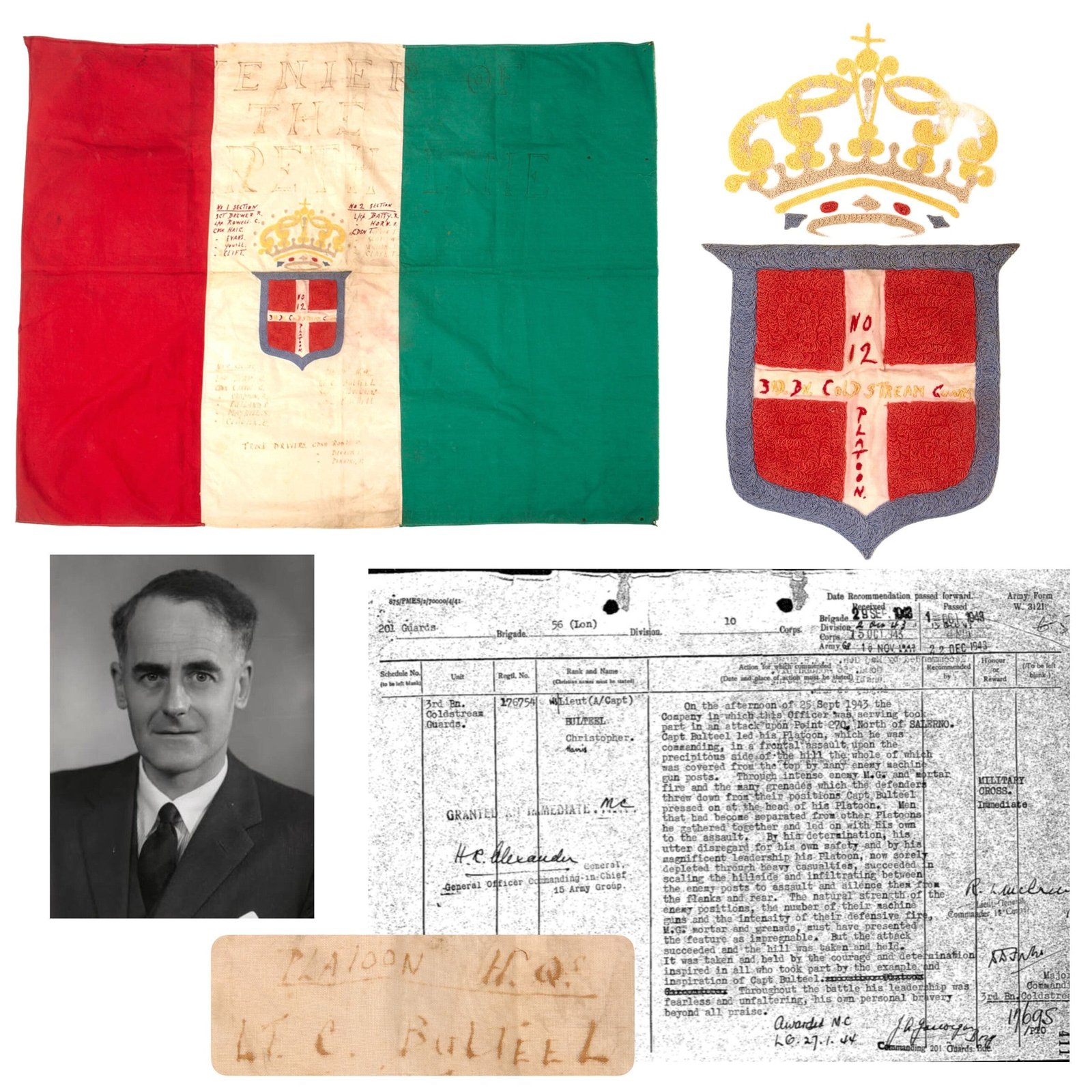 Original British WWII 3rd Battalion Coldstream Guards Signed Souvenir Mareth Line Tunisia Italian Flag with Chain-Stitched Savoy Coat of Arms - Signed by 24 Soldiers Including Military Cross Recipient Lt. C.H. Bulteel - 28 ¾ x 38 ½”
